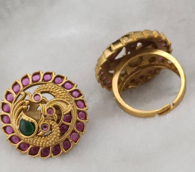 Premium Quality matte finish peacock Kemp stone Finger Ring (Adjustable)/Bollywood Ring