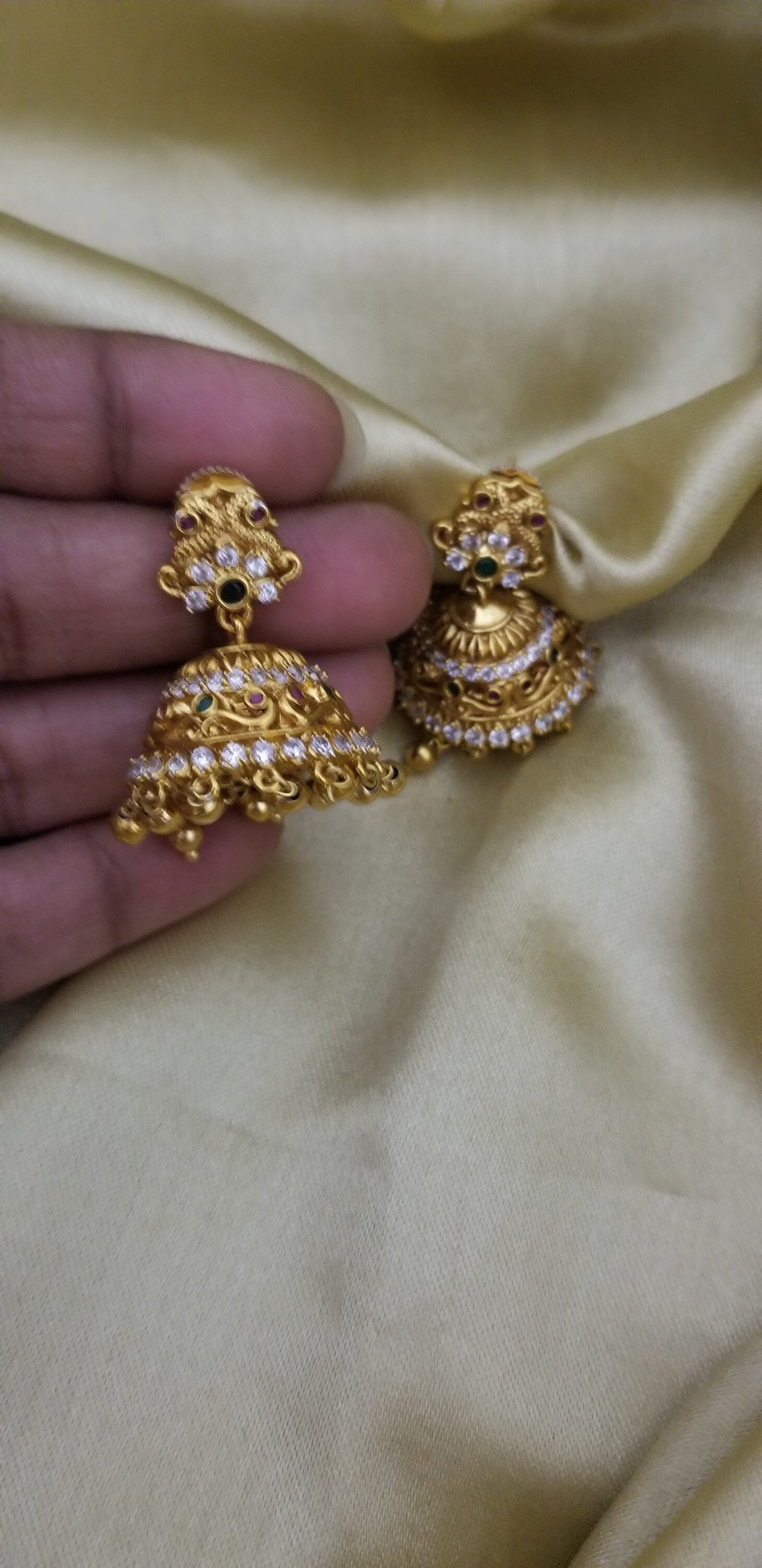 Peacock Premium Quality Gold finish AD stone Jhumka with Hanging gold balls