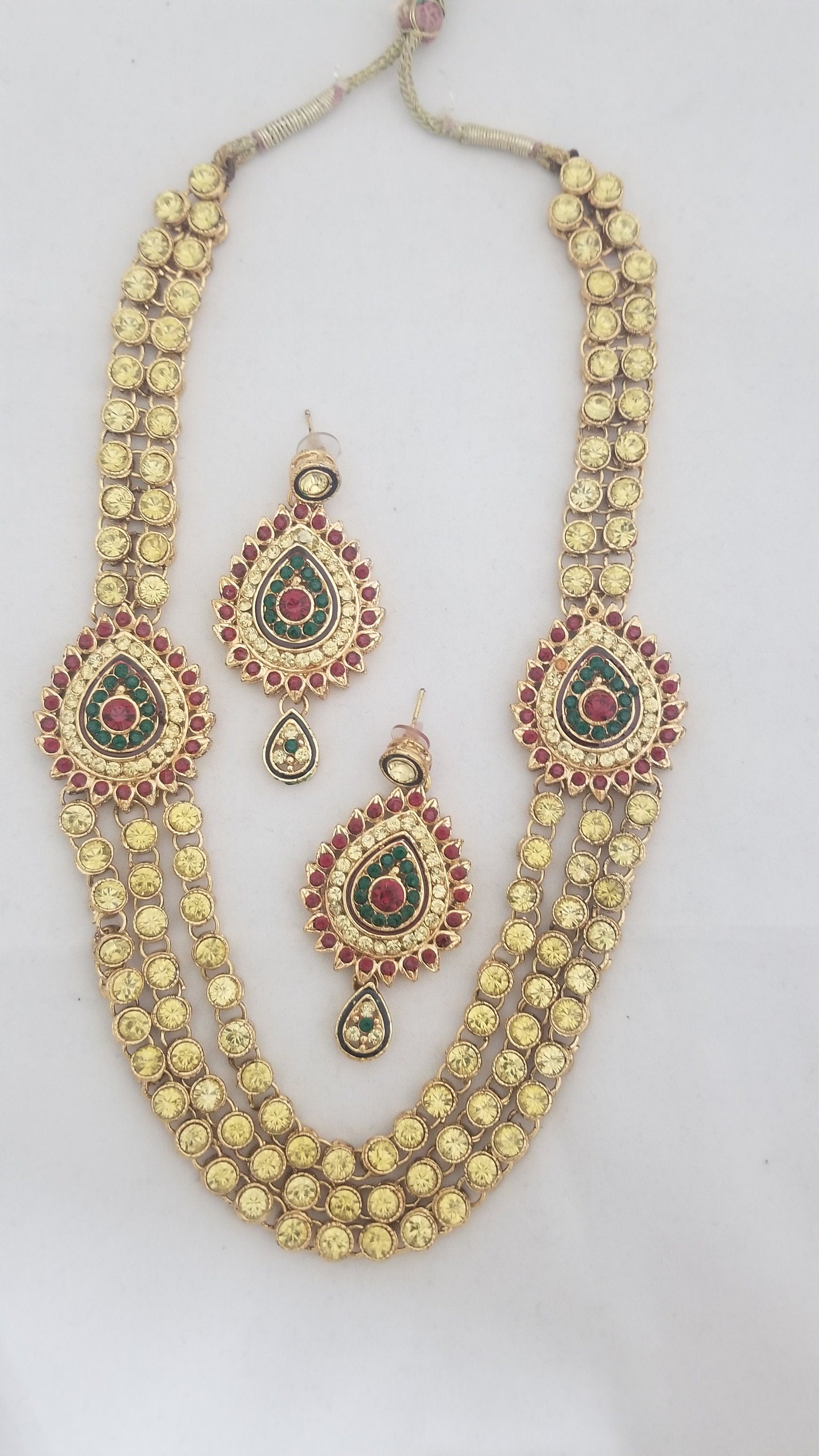 Gold Finish Yellow Stone three layer mogappu chain with matching big Earrings
