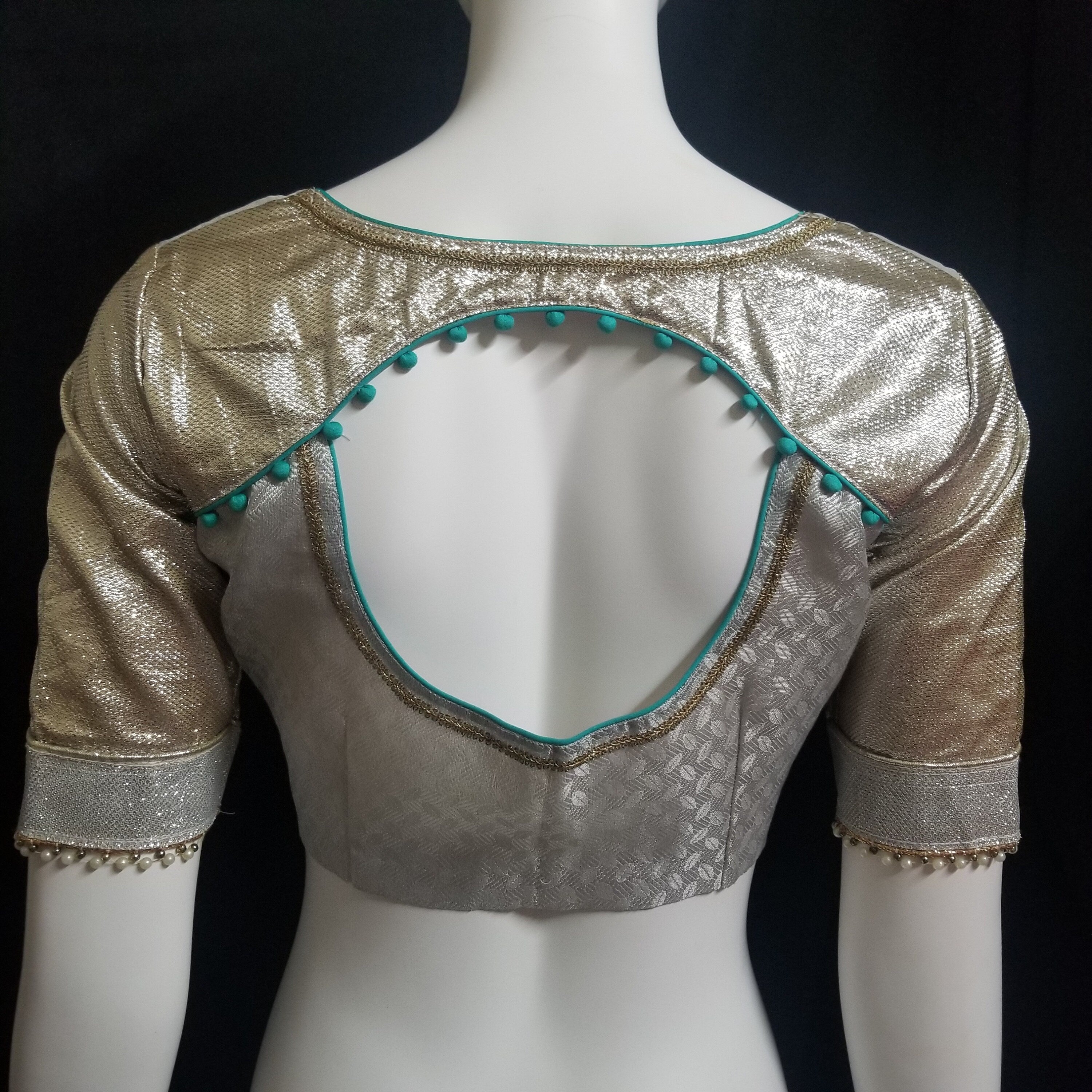 Designer Teel green Color Saree with silver jari border and stitched Silver color Blouse - Blouse 38" (Upto 42)
