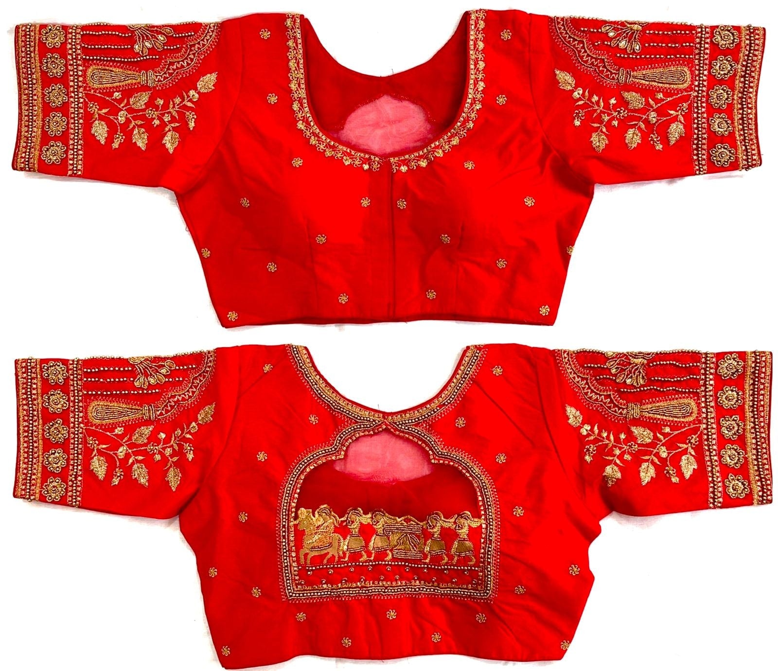Readymade Saree Blouse - Red Color Aari work Phantom Silk Katli hand work Blouse (with pad) - Saree Blouse - Size 38 (can alter 36, 40)