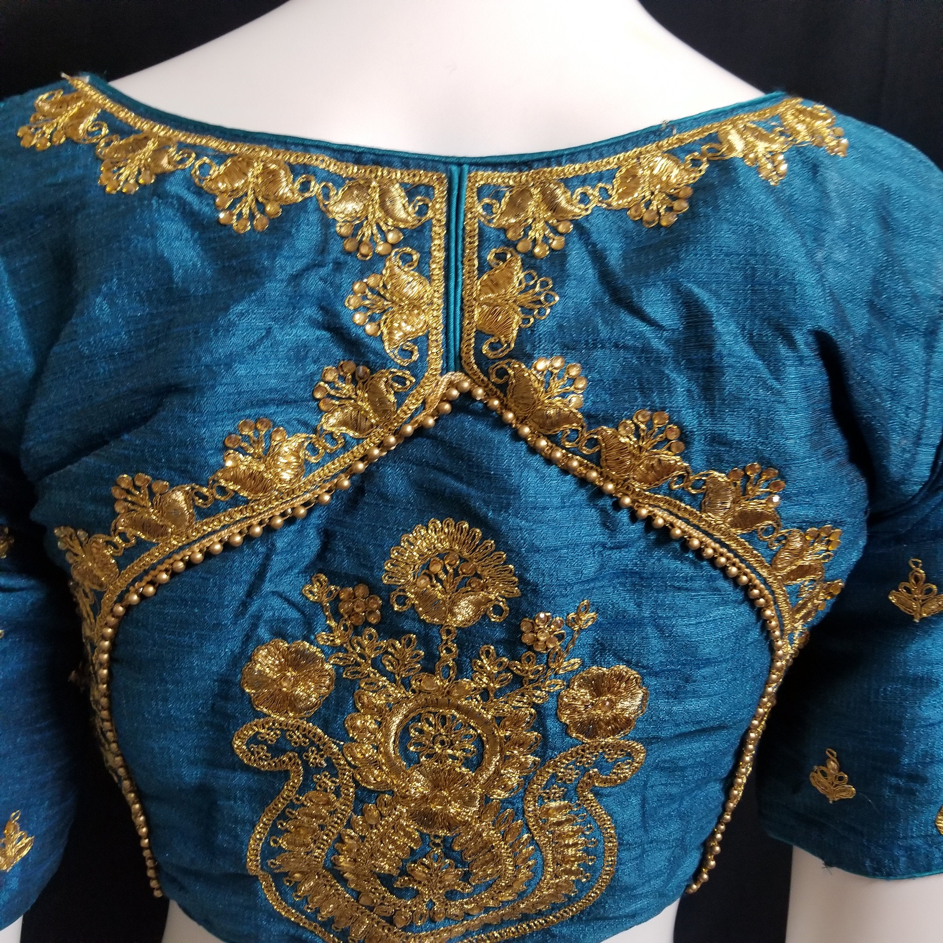 Readymade Saree Blouse - Peacock blue Color Embroidery work Silk base Blouse (with pad) - Size 38 (can alter 36, 40)