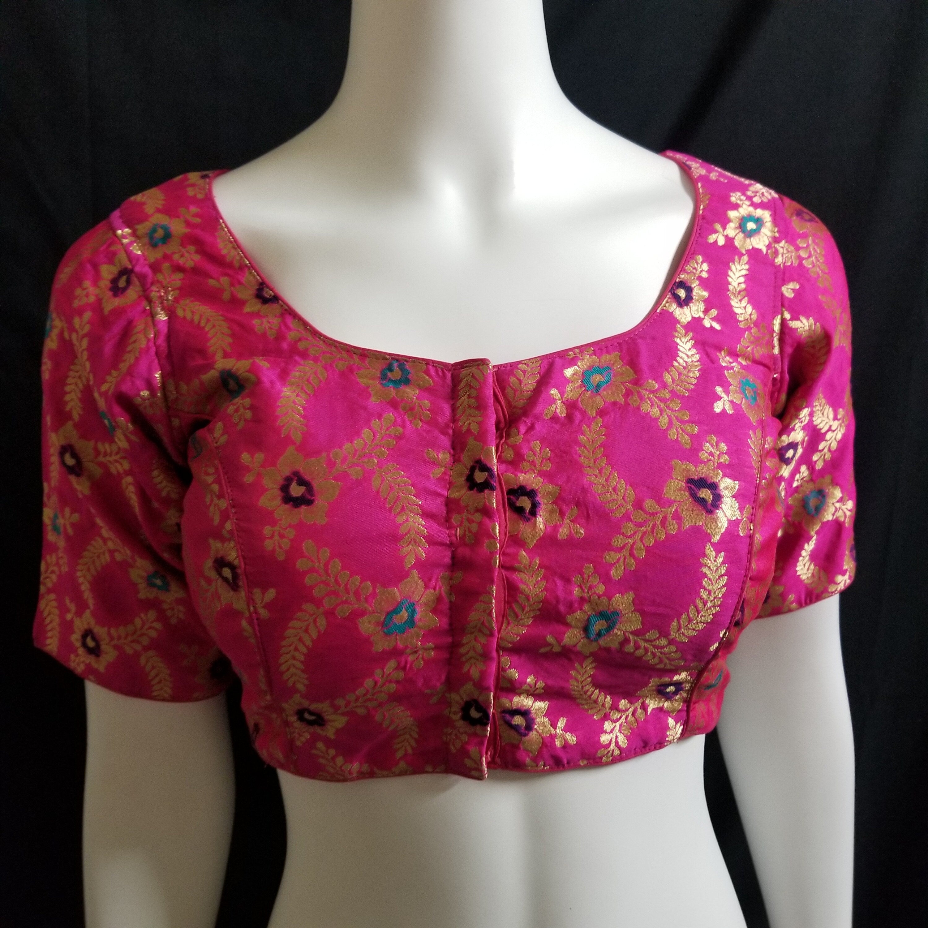 Readymade Saree Blouse - Pink with gold Silk Blouse with padded Blouse - size 36" (alter 34, 38)