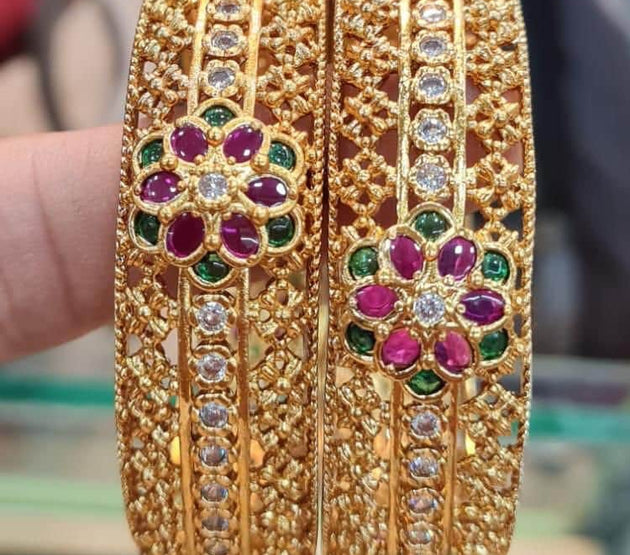 Premium Quality Grand Gold finish with Multi-color stone work flower type bangles - Set of 2 bangles - Size 2.6