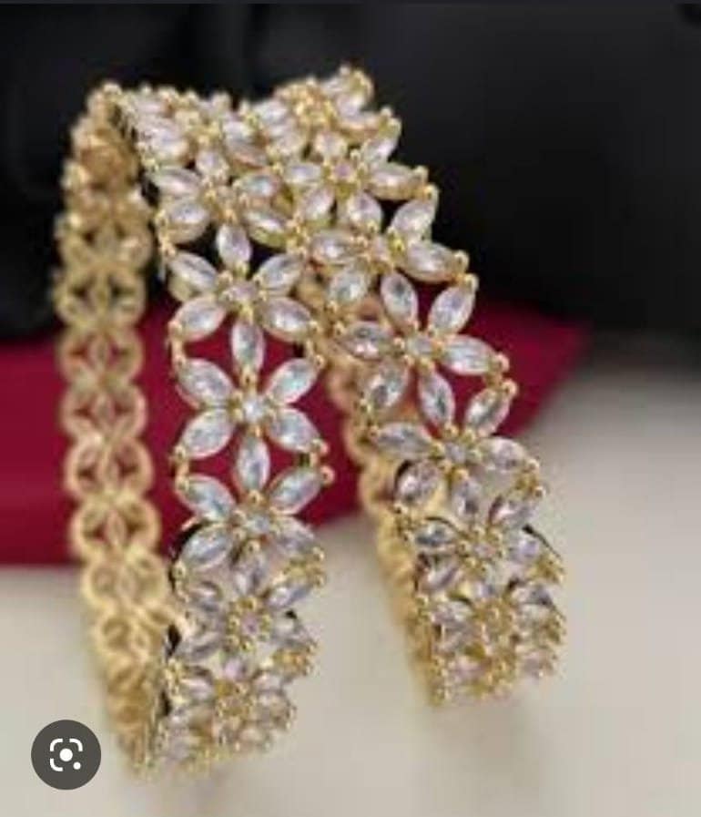 Premium Quality Gold finish AD White stone flower design Bangles - Set of 2 bangles - Size 2.6
