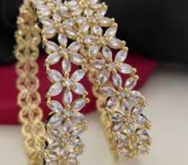 Premium Quality Gold finish AD White stone flower design Bangles - Set of 2 bangles - Size 2.6
