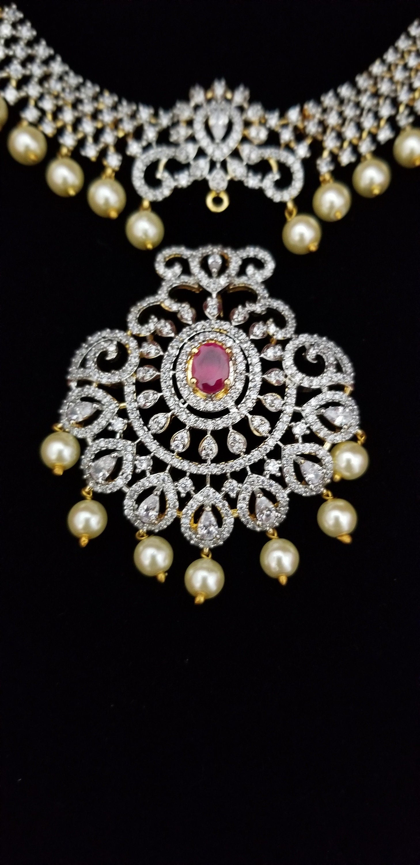 Premium Gold finish White with Pink AD Stone Necklace (Removable Pendent) with matching Jhumki