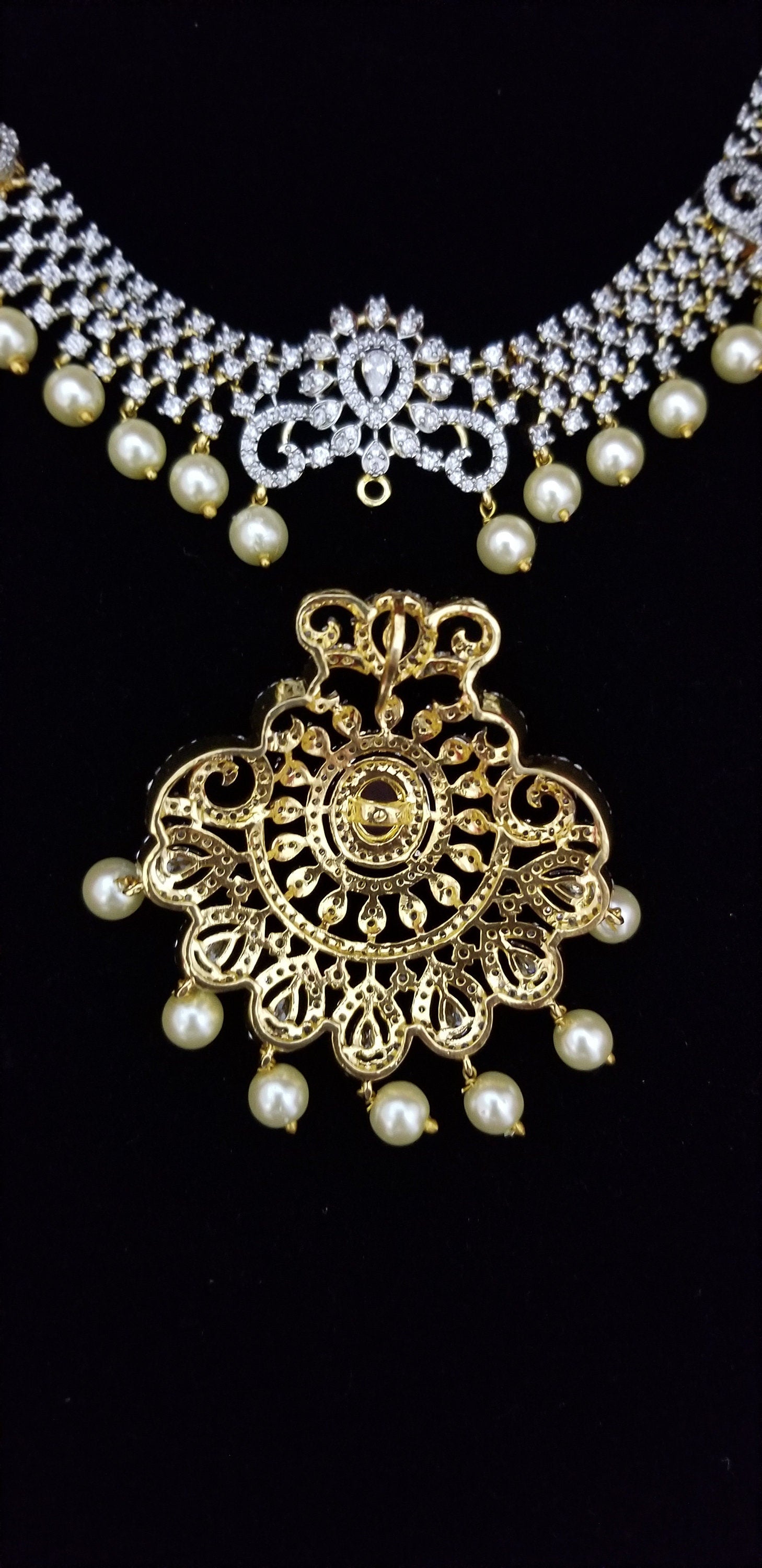 Premium Gold finish White with Pink AD Stone Necklace (Removable Pendent) with matching Jhumki
