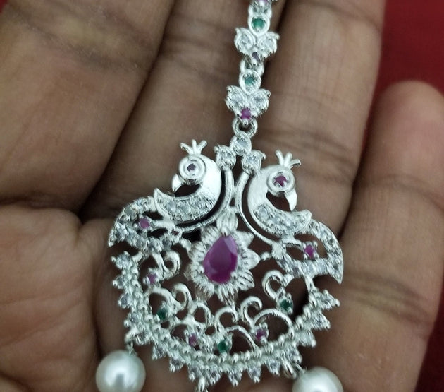 Peacock AD stone with Diamond finish Multi-color with Pearl hangings Tikka/Nethichutti