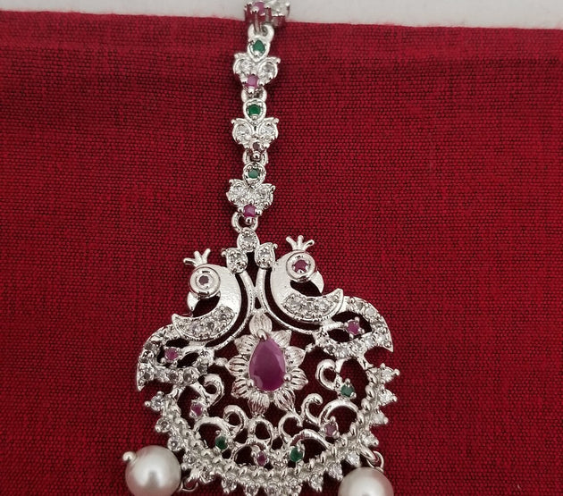 Peacock AD stone with Diamond finish Multi-color with Pearl hangings Tikka/Nethichutti