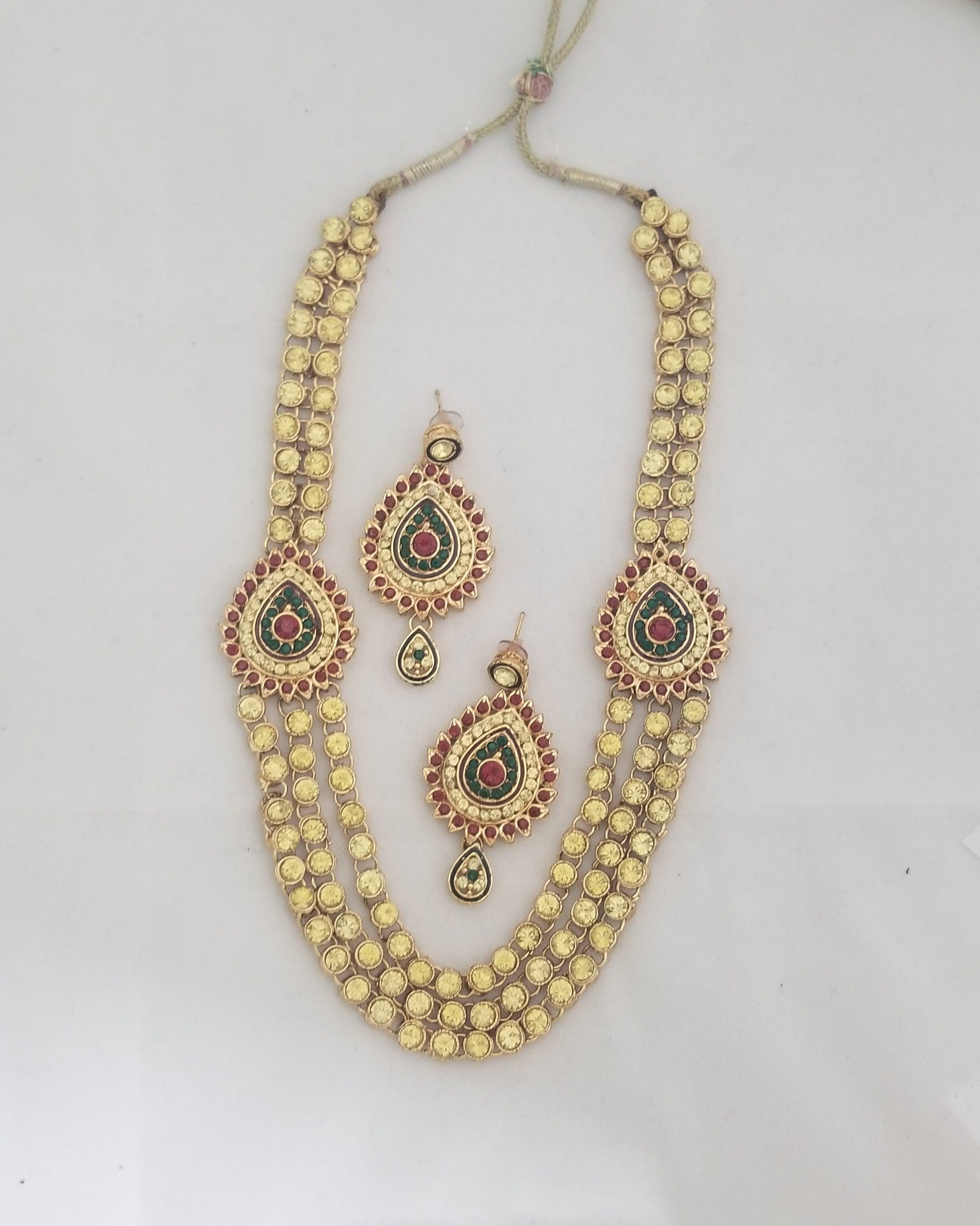 Gold Finish Yellow Stone three layer mogappu chain with matching big Earrings