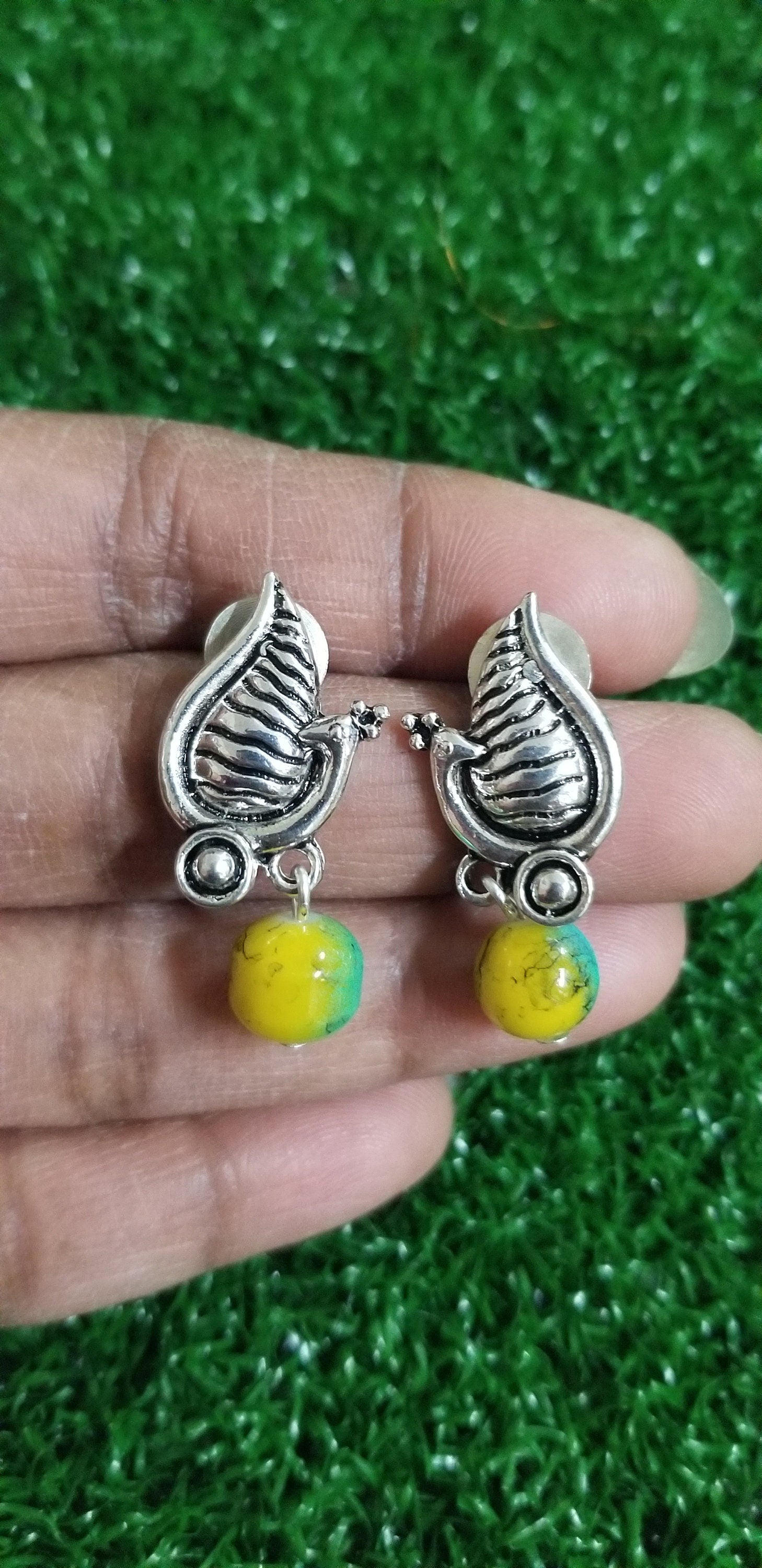 Yellow Turquoise color bead with Silver spacer double layer chain with peacock Earrings