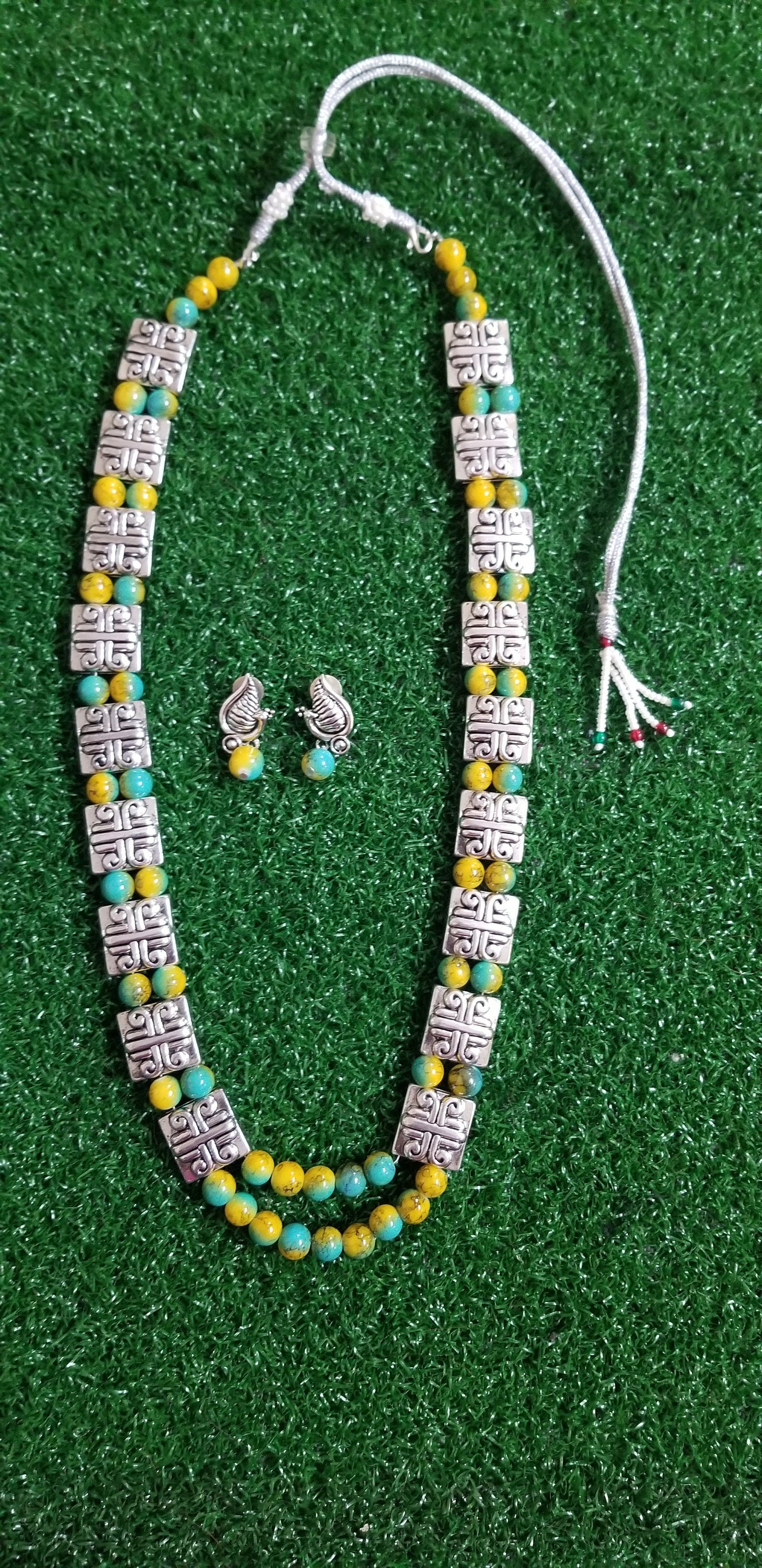 Yellow Turquoise color bead with Silver spacer double layer chain with peacock Earrings