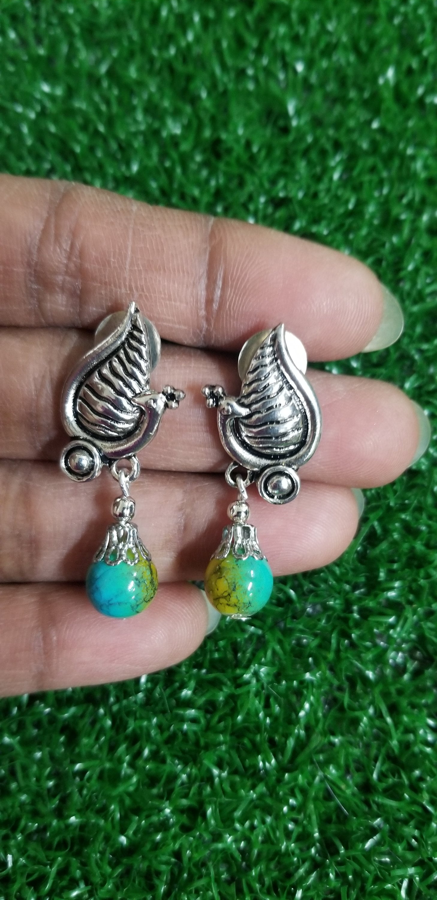 Yellow Turquoise color bead with Silver spacer double layer chain with peacock Earrings