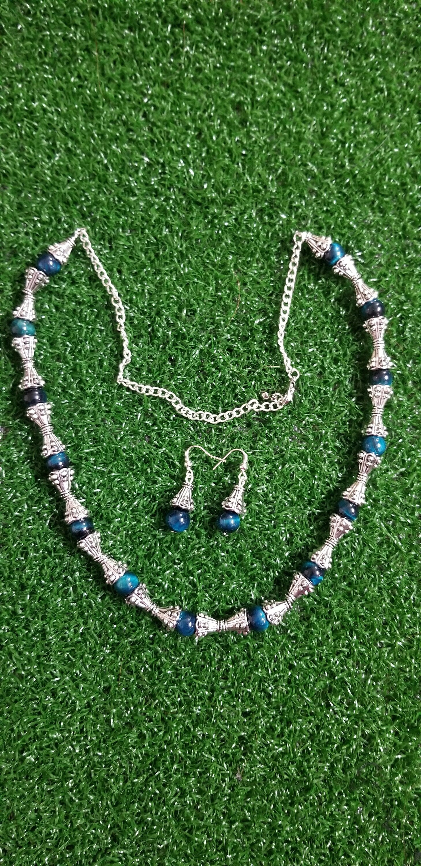 Oxidized Spacer with greenish bead chain and Earrings