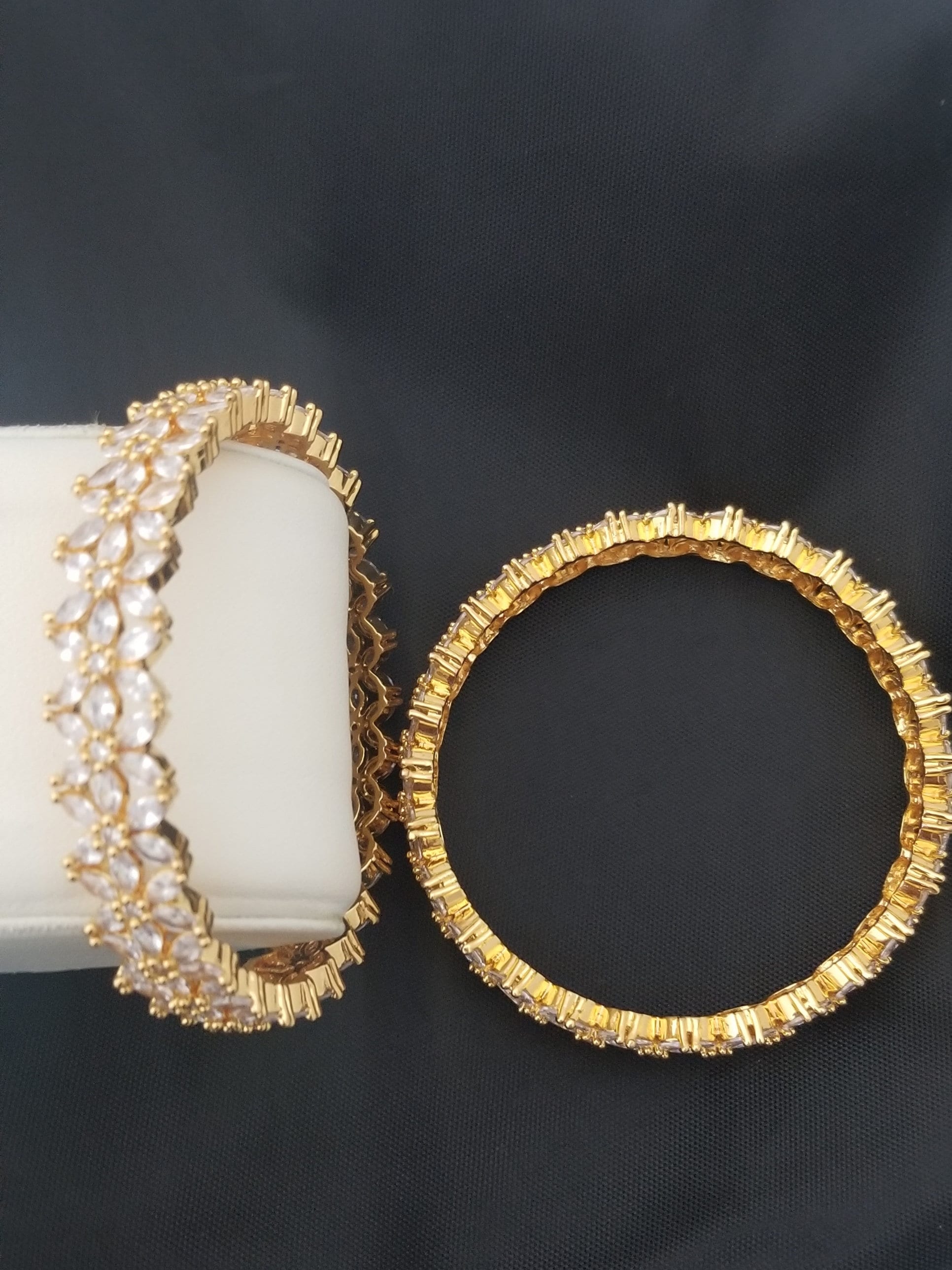 Premium Quality Gold finish AD White stone flower design Bangles - Set of 2 bangles - Size 2.6