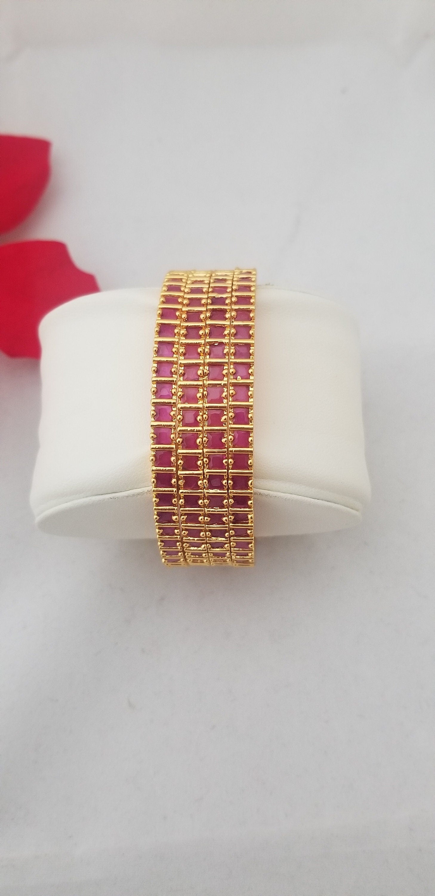 Premium Quality Gold finish AD Pink stone Bangles - Set of 4 bangles - Size 2.6