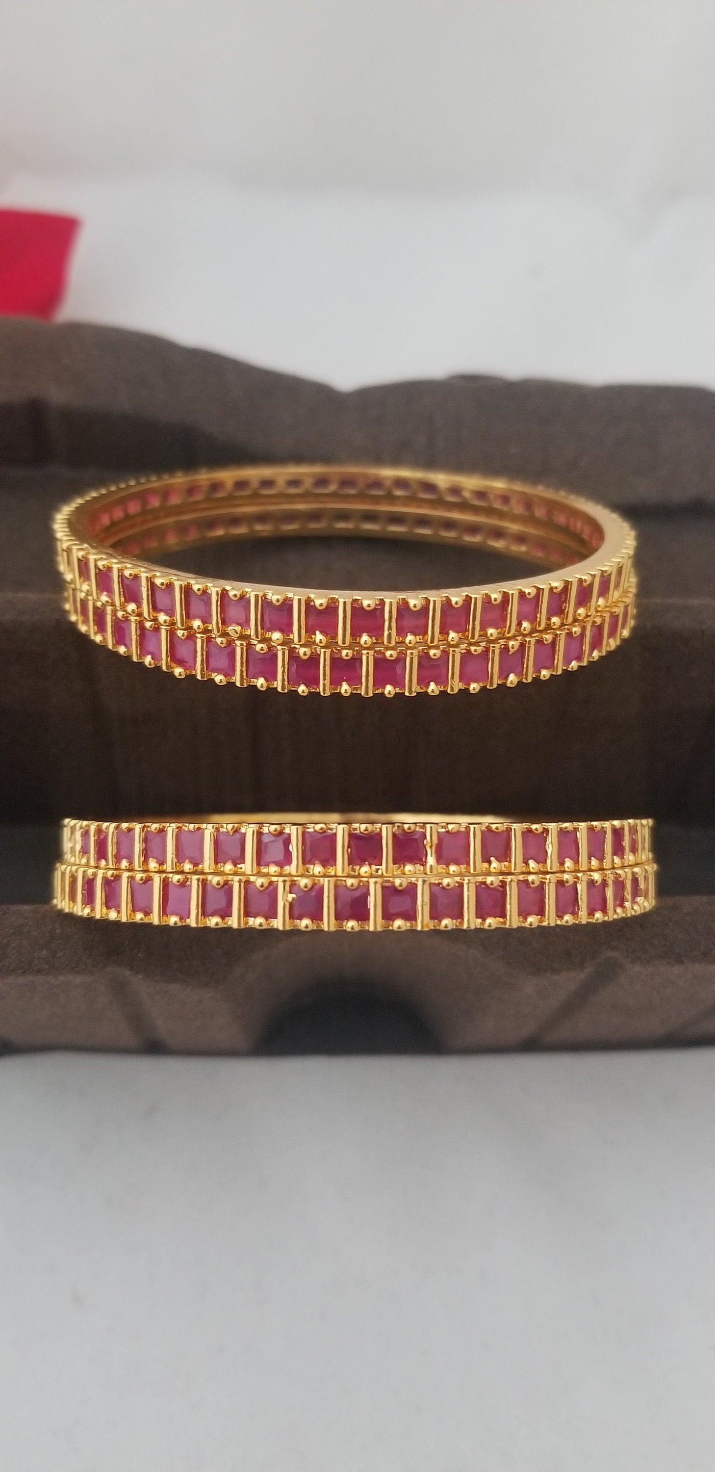 Premium Quality Gold finish AD Pink stone Bangles - Set of 4 bangles - Size 2.6