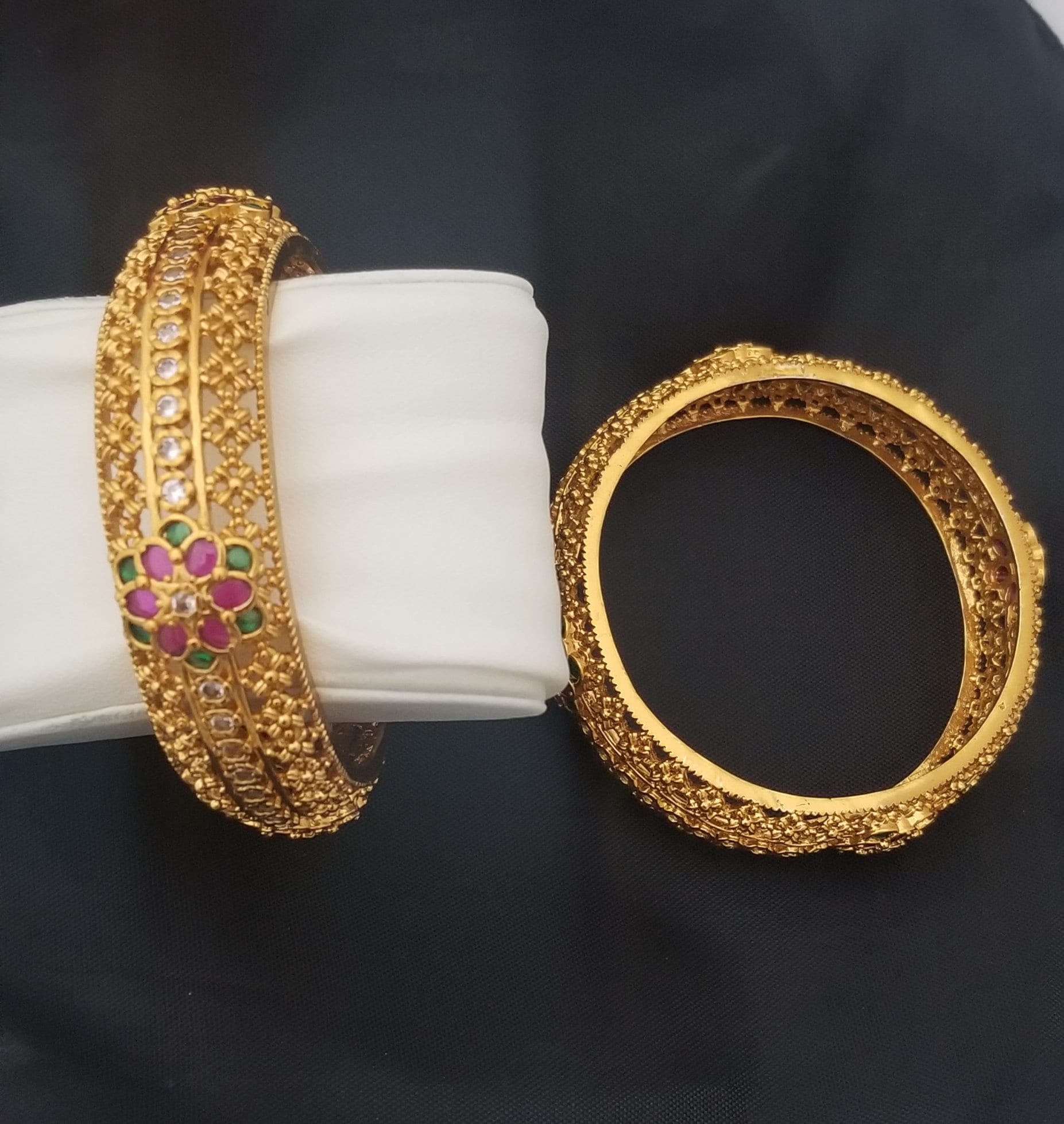 Premium Quality Grand Gold finish with Multi-color stone work flower type bangles - Set of 2 bangles - Size 2.6