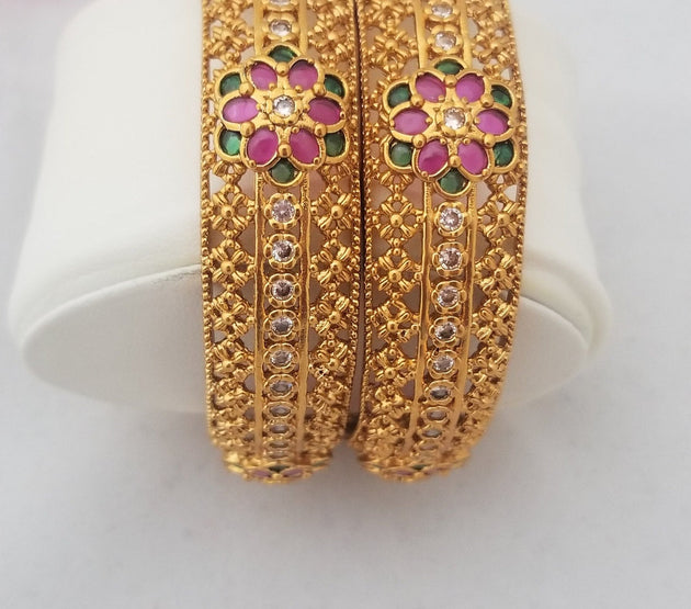Premium Quality Grand Gold finish with Multi-color stone work flower type bangles - Set of 2 bangles - Size 2.6