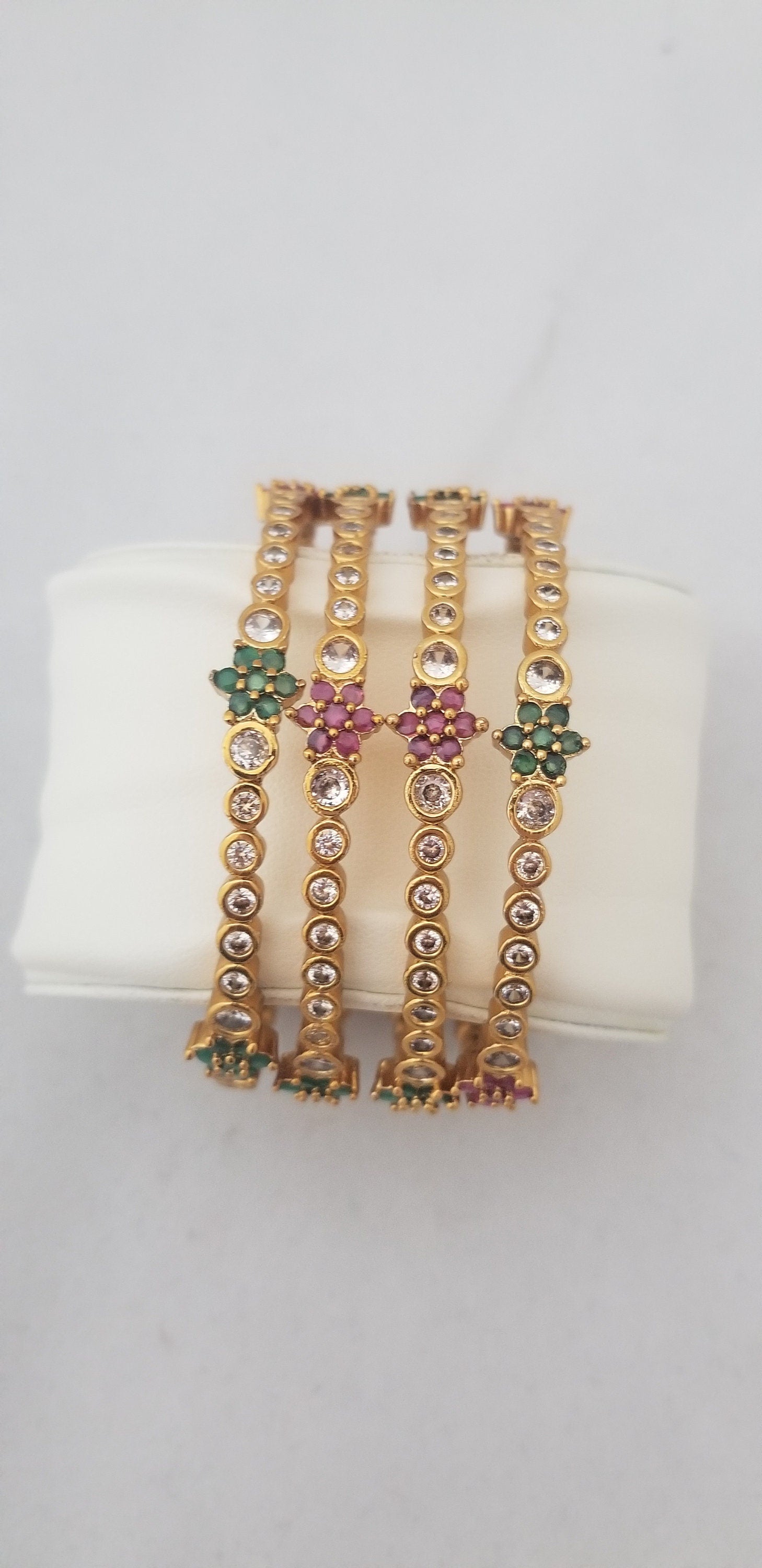 Premium Quality CZ Matte finish with Multi-color stone flower work bangles - Set of 4 bangles - Size 2.6