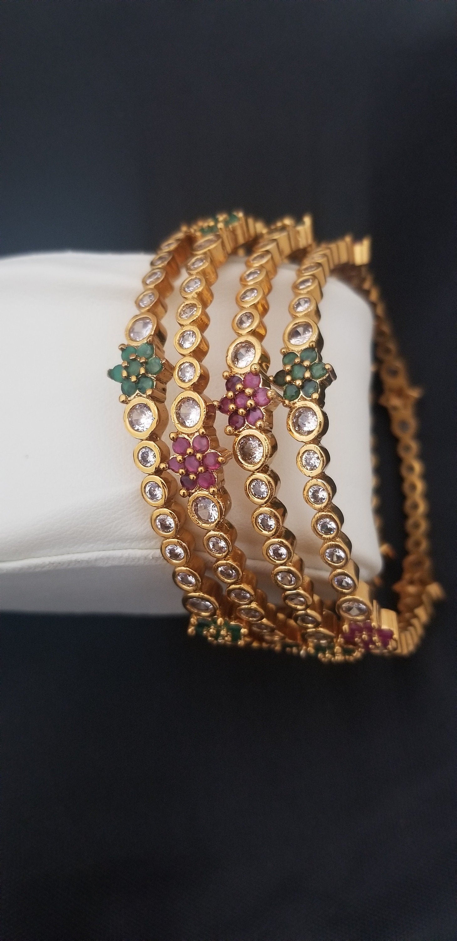 Premium Quality CZ Matte finish with Multi-color stone flower work bangles - Set of 4 bangles - Size 2.6