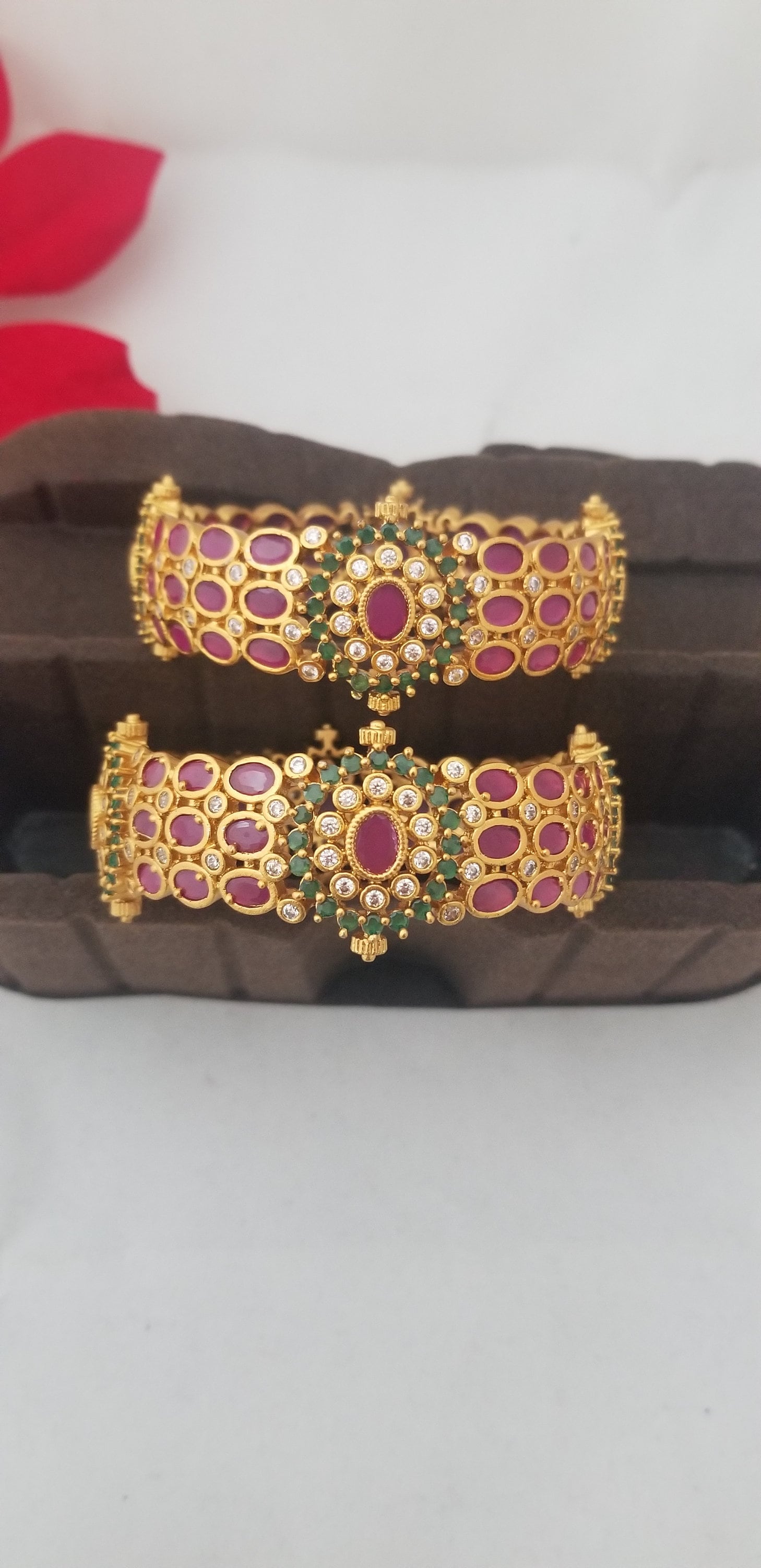 Premium Quality CZ Gold finish with Multi-color stone work grand bangles - Set of 2 bangles - Size 2.6