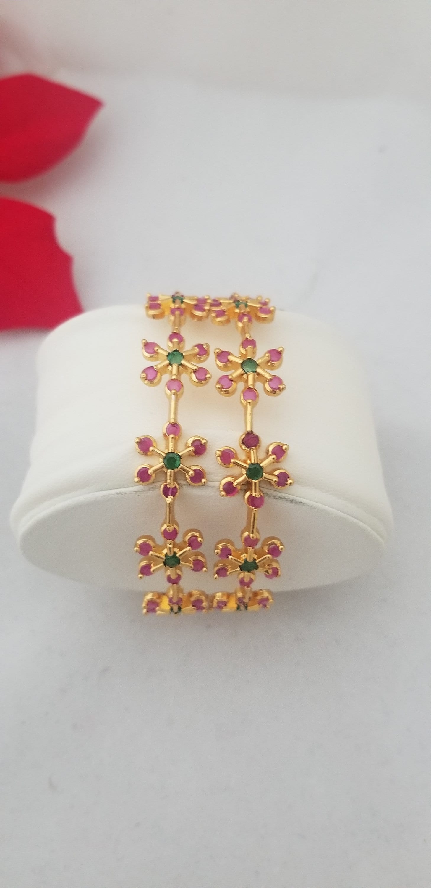 Premium Quality CZ Gold finish with flower stone work bangles - Set of 2 bangles - Size 2.6