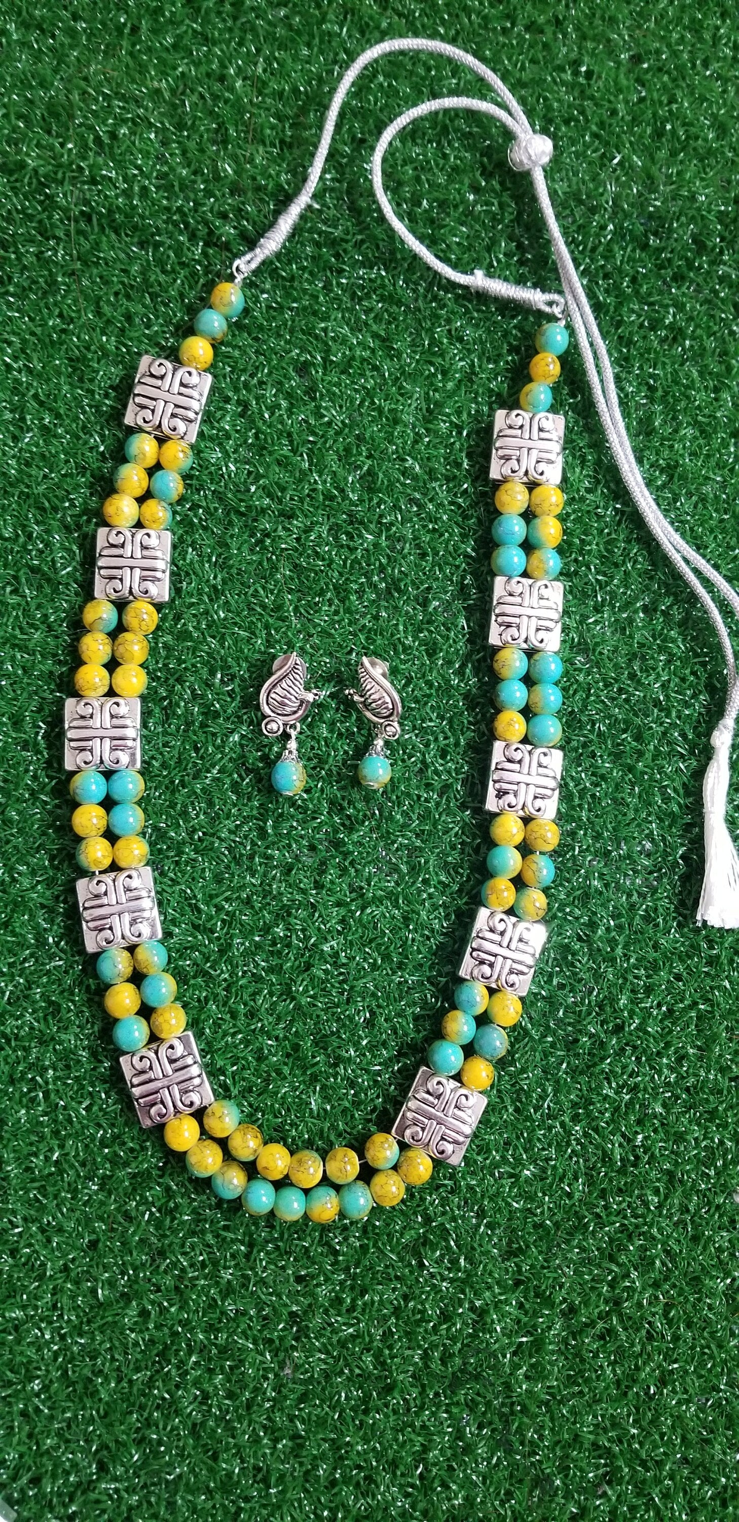 Yellow Turquoise color bead with Silver spacer double layer chain with peacock Earrings