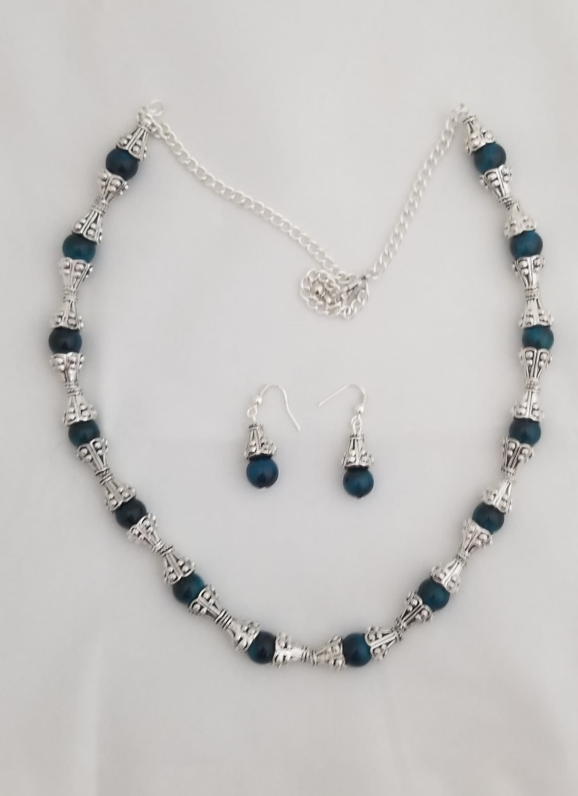 Oxidized Spacer with greenish bead chain and Earrings