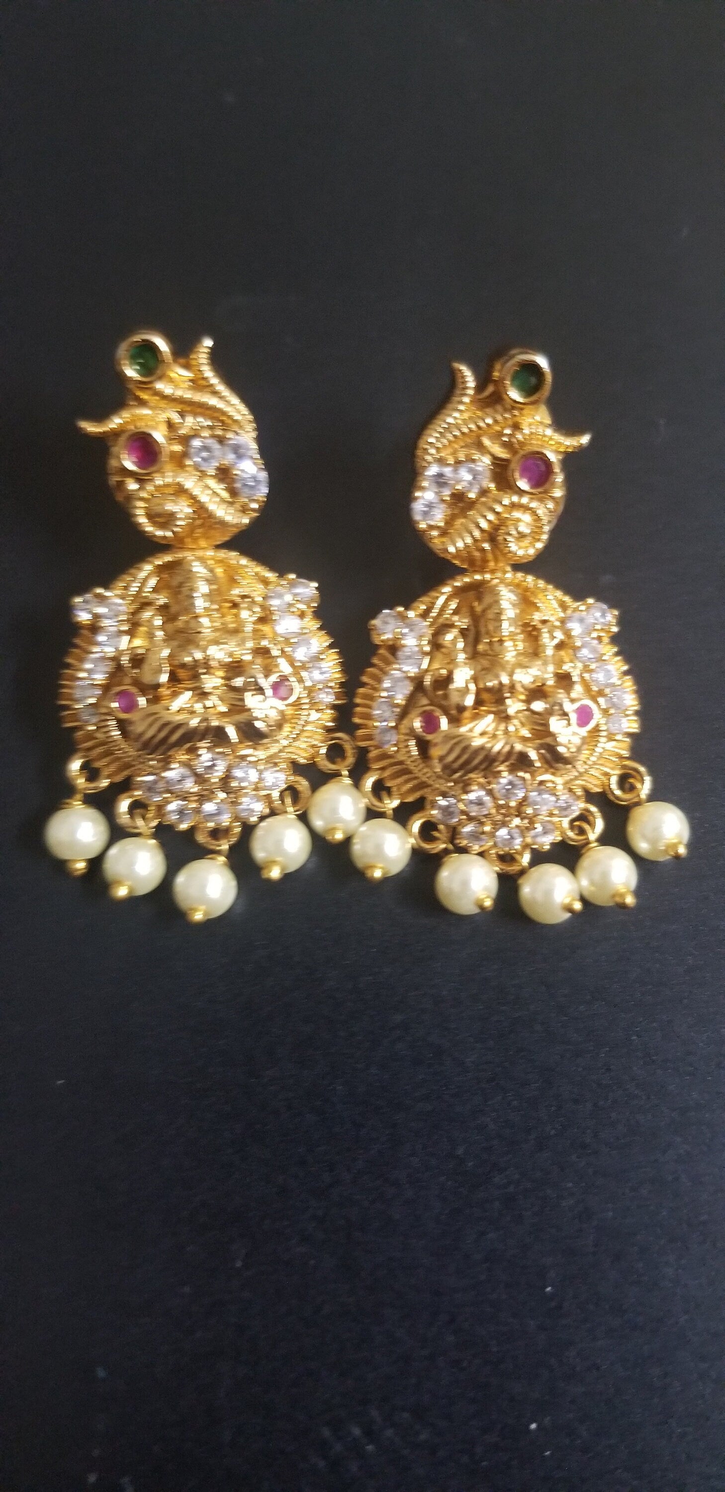 Premium Quality Lakshmi matte finish middle Haram with Beautiful Earrings - Temple Jewelry