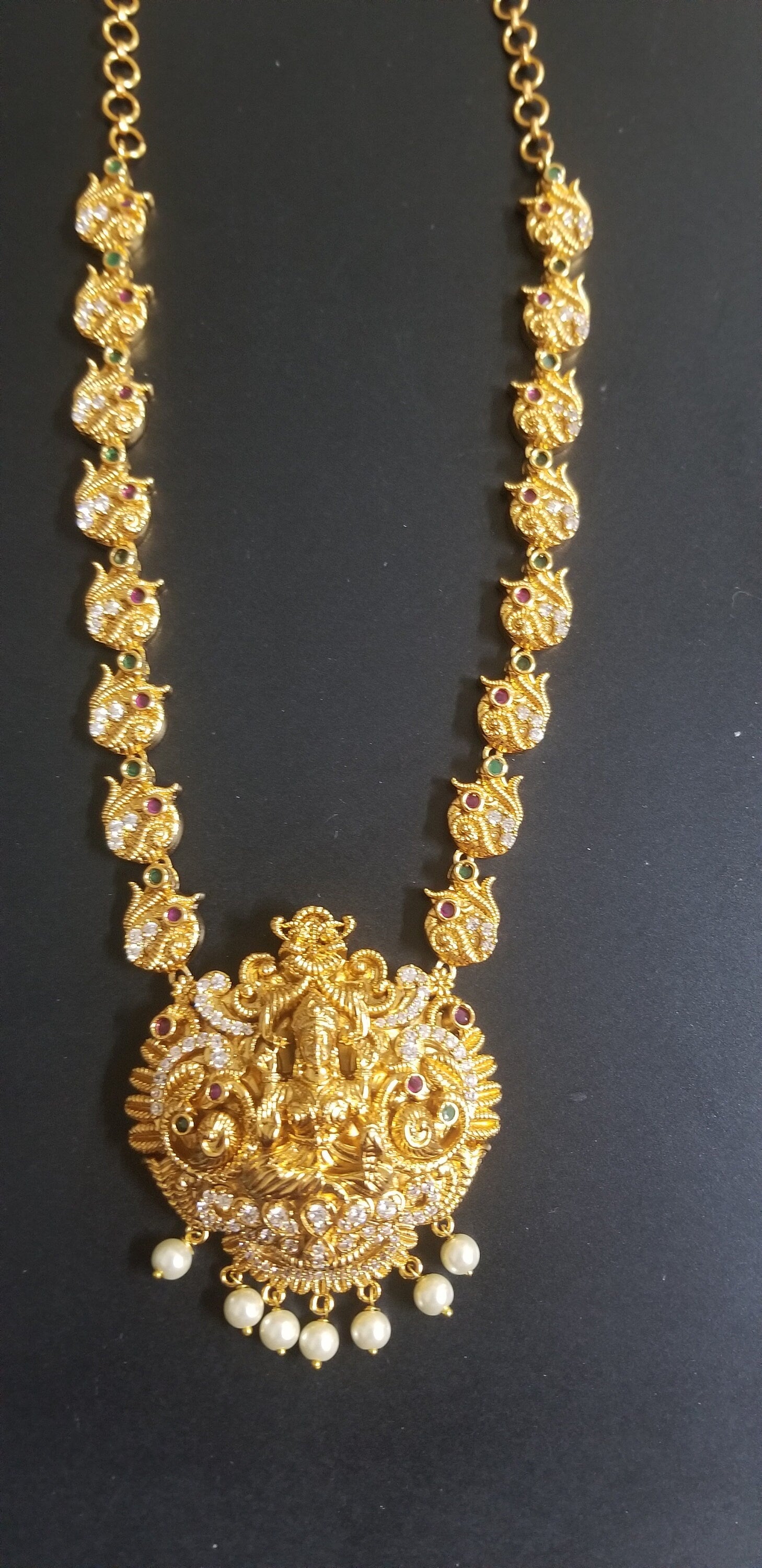 Premium Quality Lakshmi matte finish middle Haram with Beautiful Earrings - Temple Jewelry