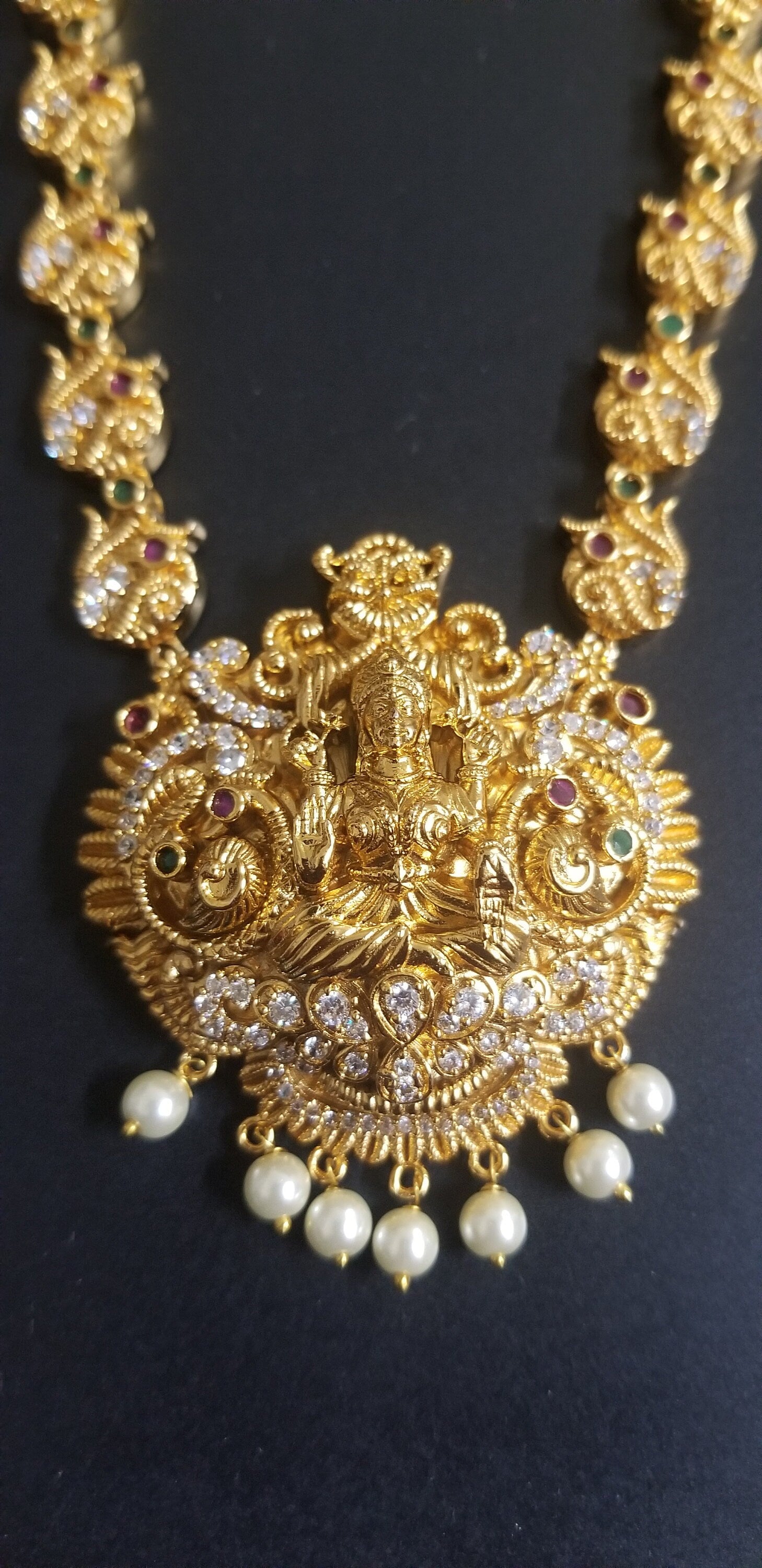 Premium Quality Lakshmi matte finish middle Haram with Beautiful Earrings - Temple Jewelry