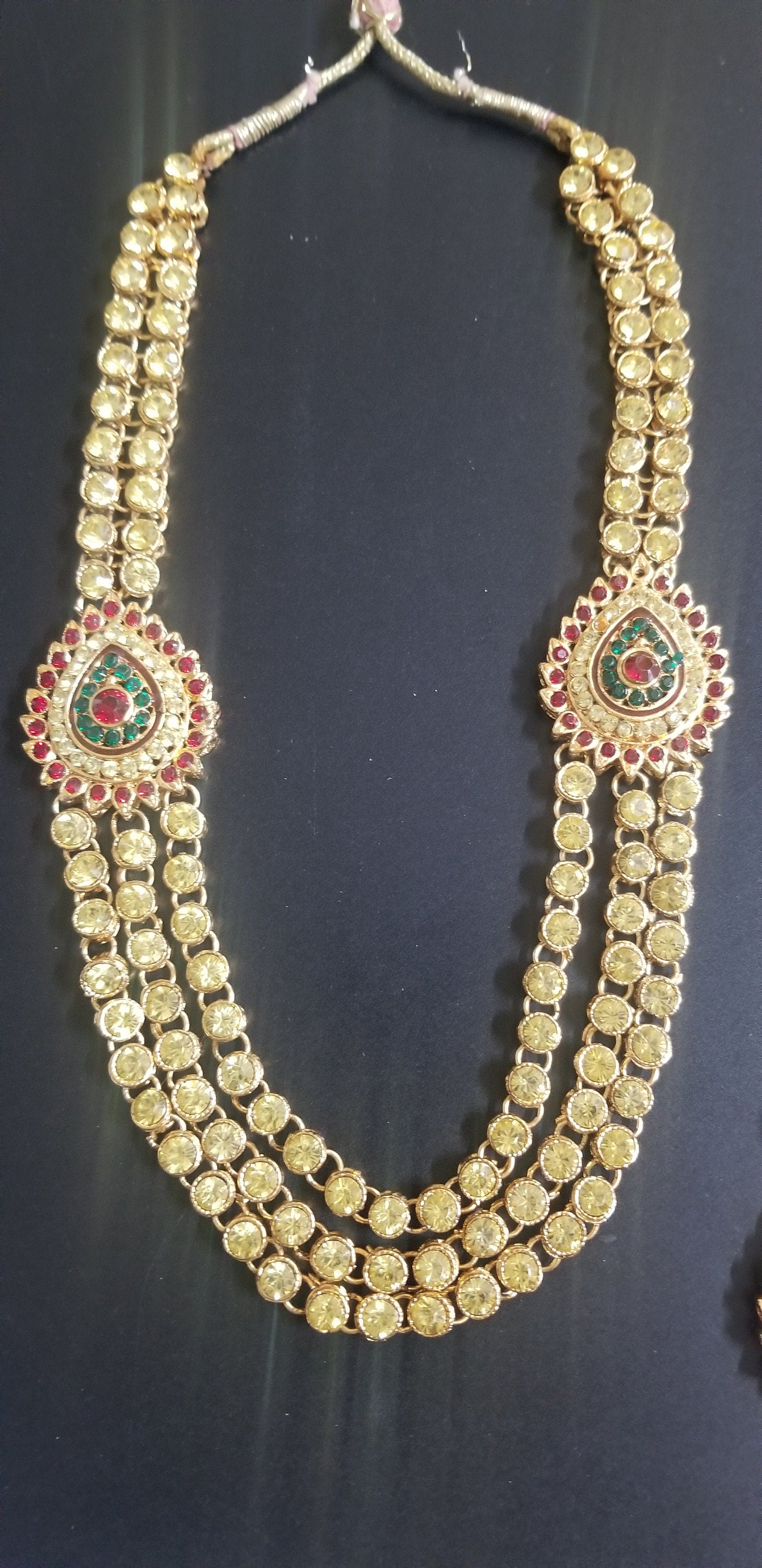 Gold Finish Yellow Stone three layer mogappu chain with matching big Earrings