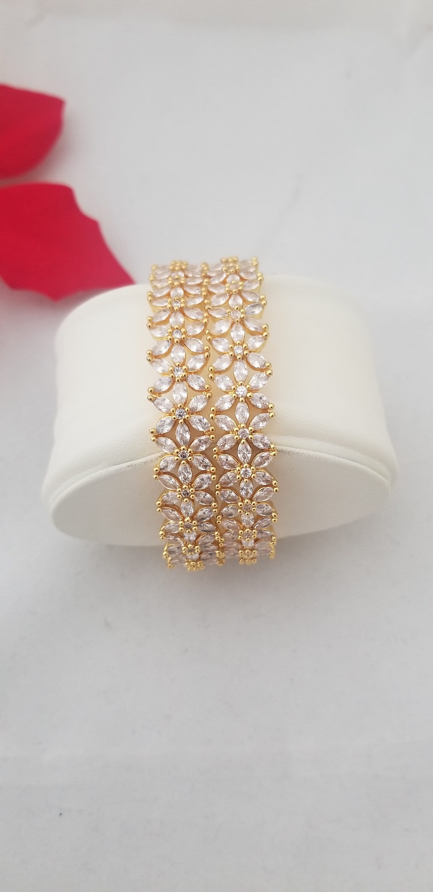 Premium Quality Gold finish AD White stone flower design Bangles - Set of 2 bangles - Size 2.6