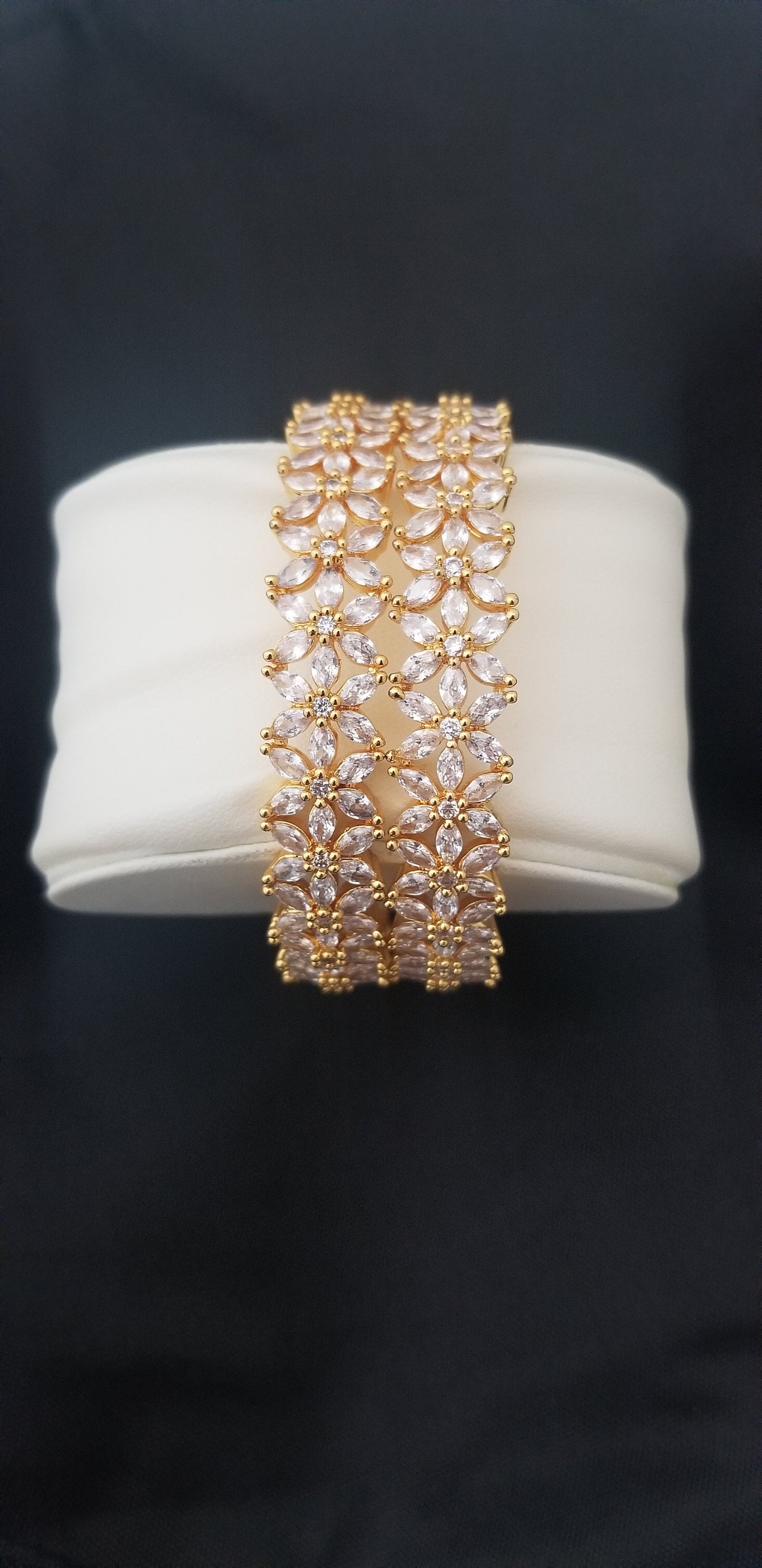 Premium Quality Gold finish AD White stone flower design Bangles - Set of 2 bangles - Size 2.6