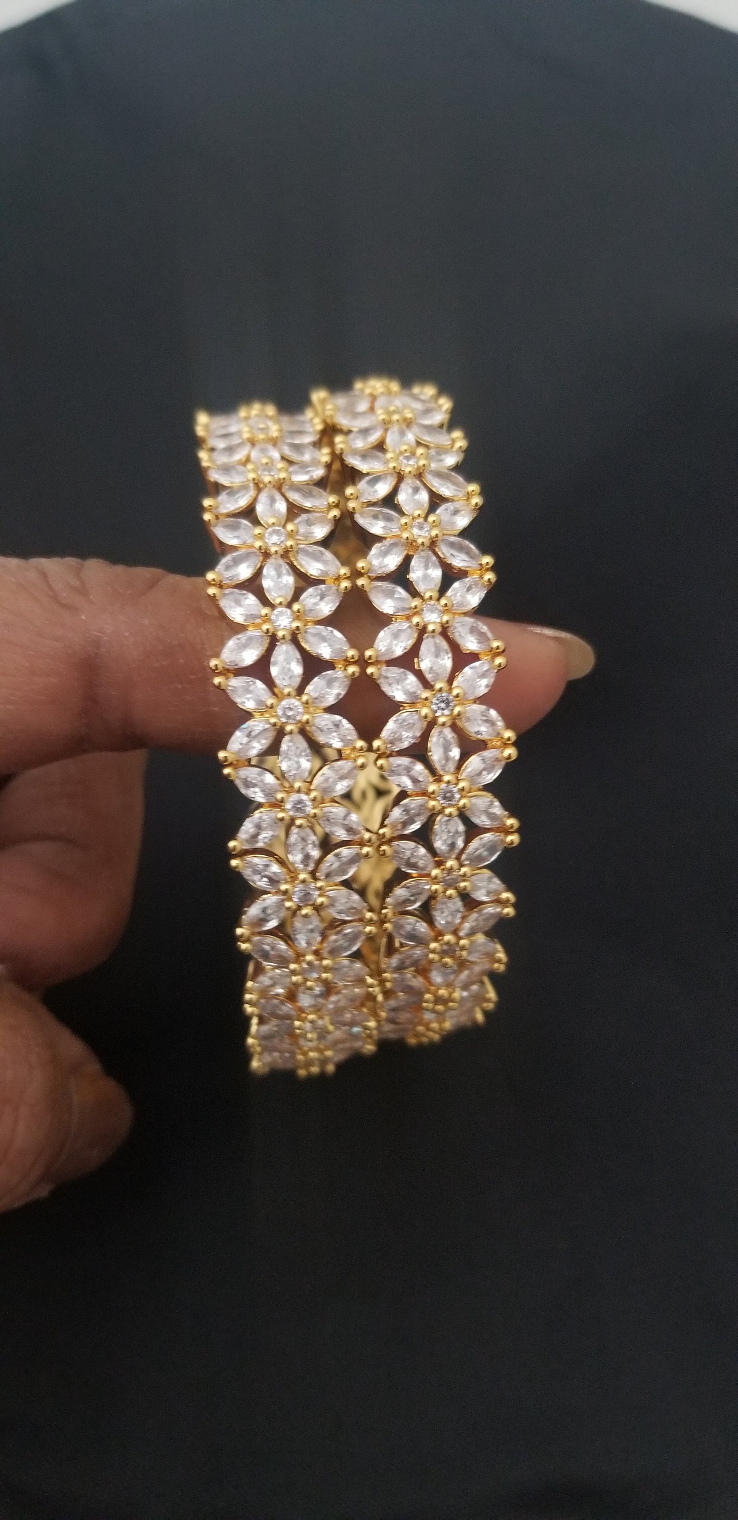 Premium Quality Gold finish AD White stone flower design Bangles - Set of 2 bangles - Size 2.6