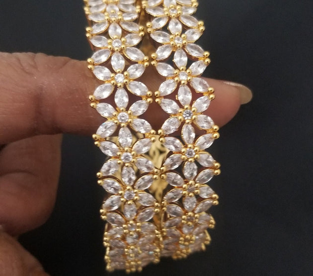 Premium Quality Gold finish AD White stone flower design Bangles - Set of 2 bangles - Size 2.6