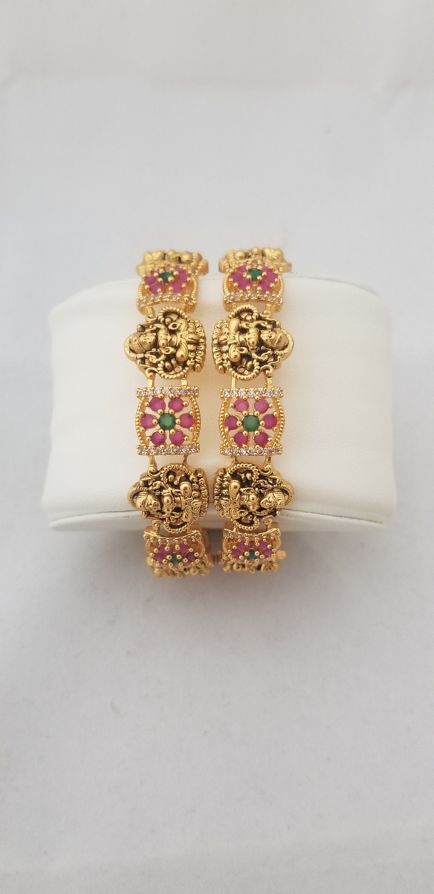 Premium Quality Lakshmi CZ Matte flower type bangles - Set of 2 bangles - Size 2.6