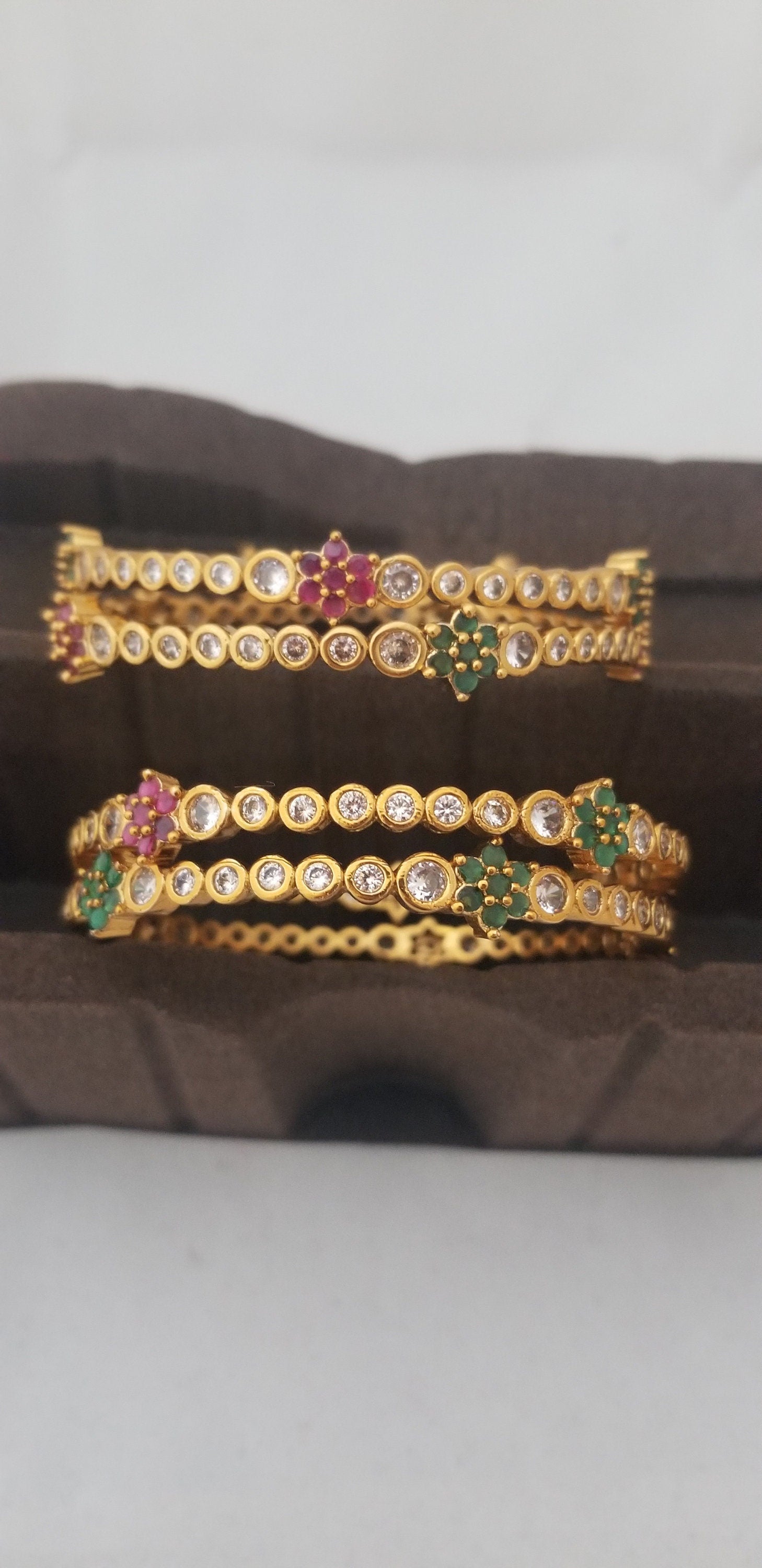 Premium Quality CZ Matte finish with Multi-color stone flower work bangles - Set of 4 bangles - Size 2.6
