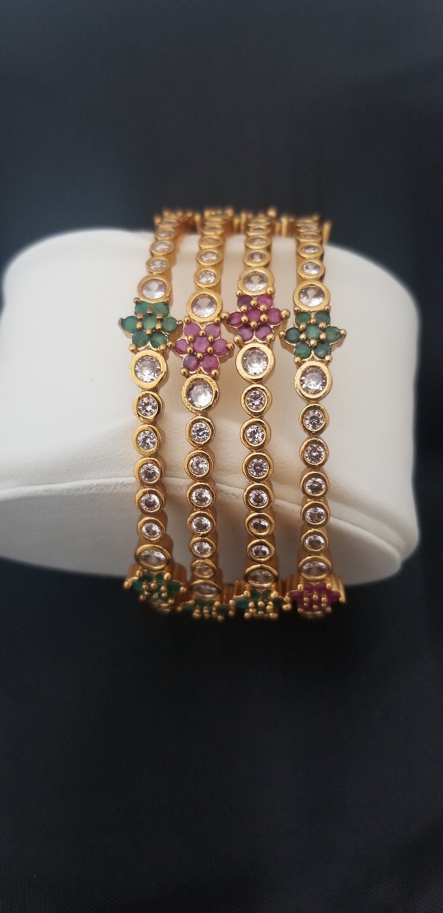 Premium Quality CZ Matte finish with Multi-color stone flower work bangles - Set of 4 bangles - Size 2.6