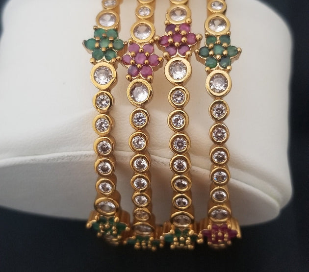 Premium Quality CZ Matte finish with Multi-color stone flower work bangles - Set of 4 bangles - Size 2.6