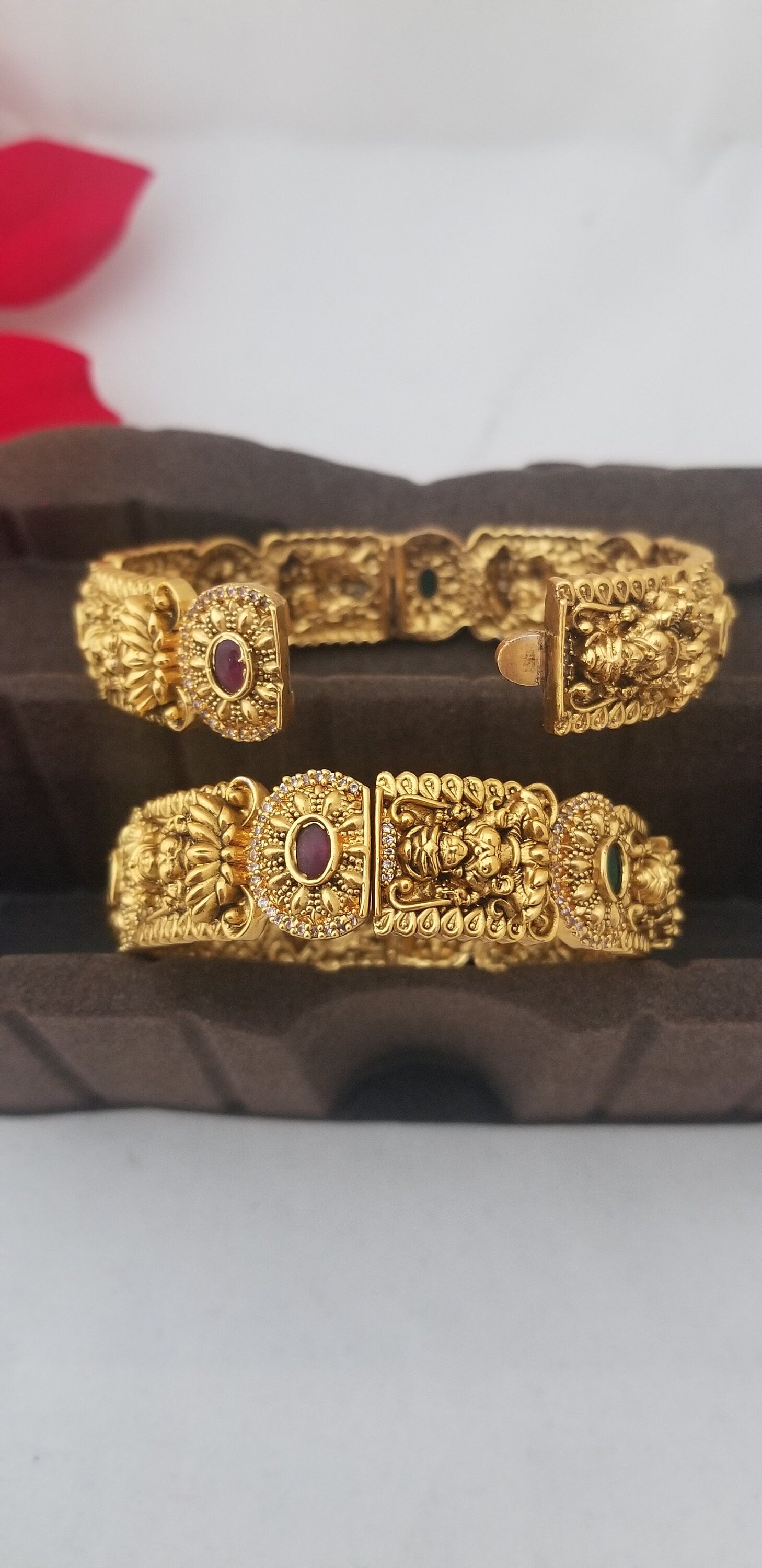 Premium Quality Premium Polish Lakshmi CZ Matte antique (open type) bangles - Set of 2 bangles - Size 2.6