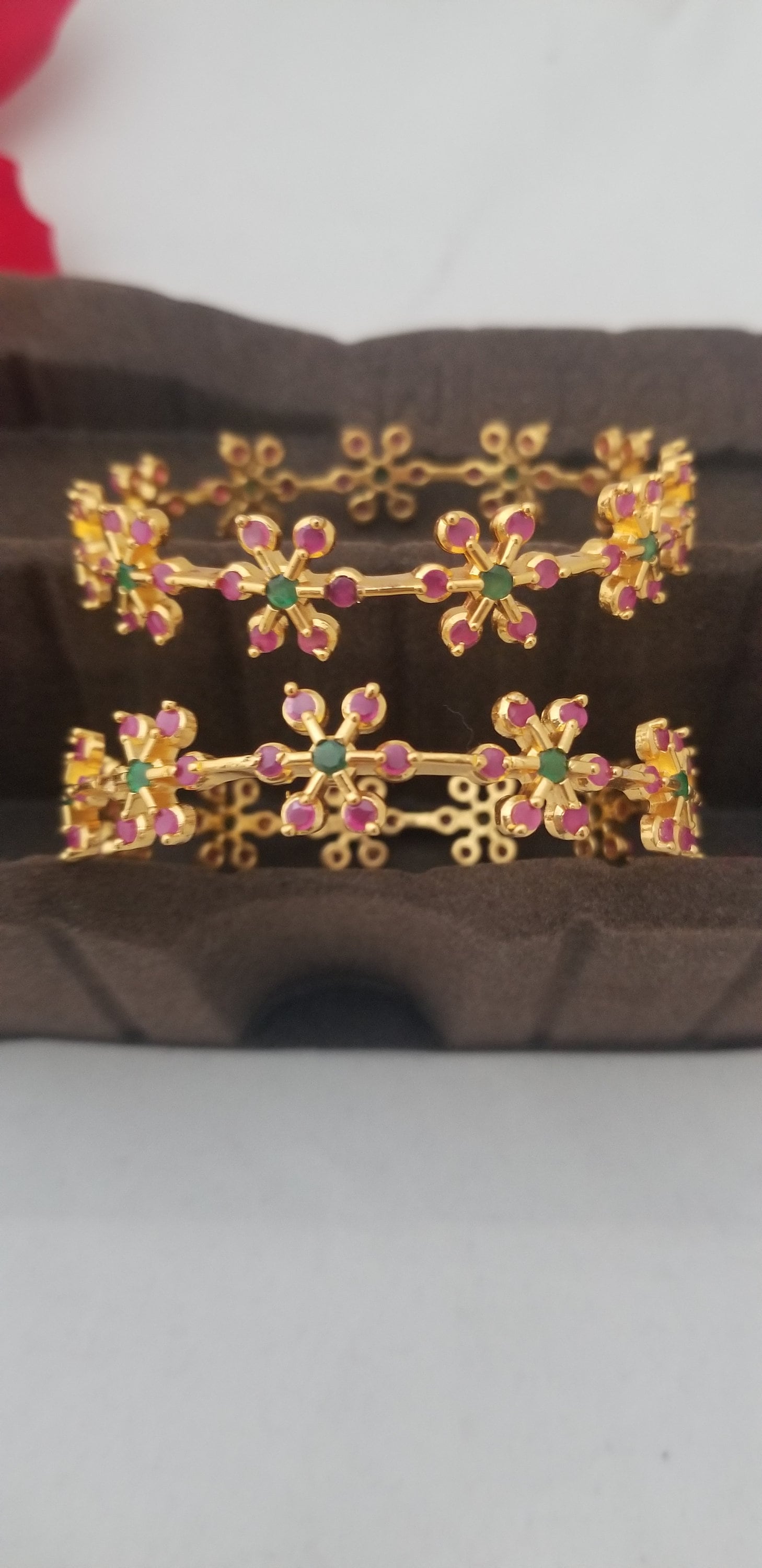 Premium Quality CZ Gold finish with flower stone work bangles - Set of 2 bangles - Size 2.6