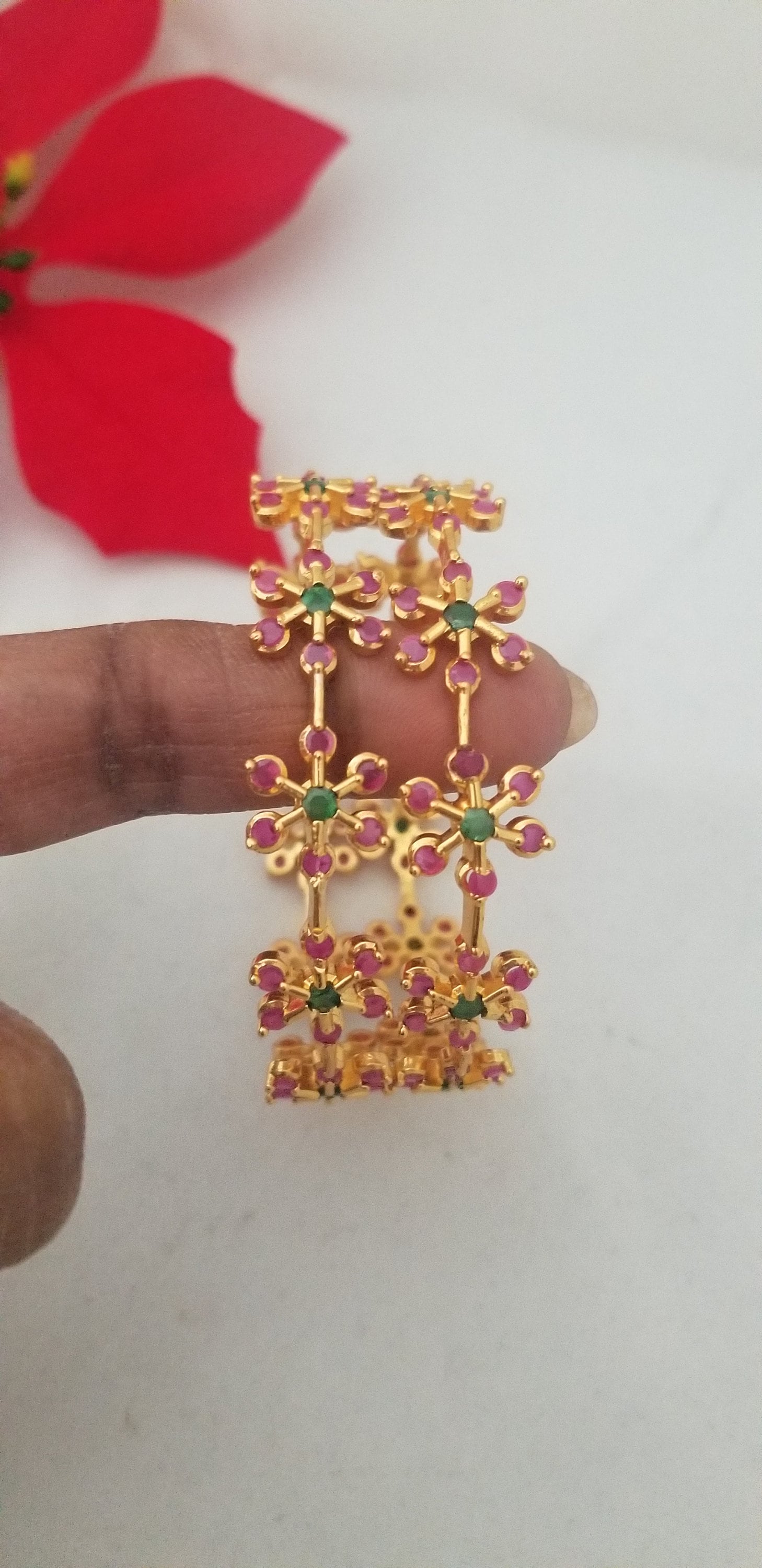 Premium Quality CZ Gold finish with flower stone work bangles - Set of 2 bangles - Size 2.6