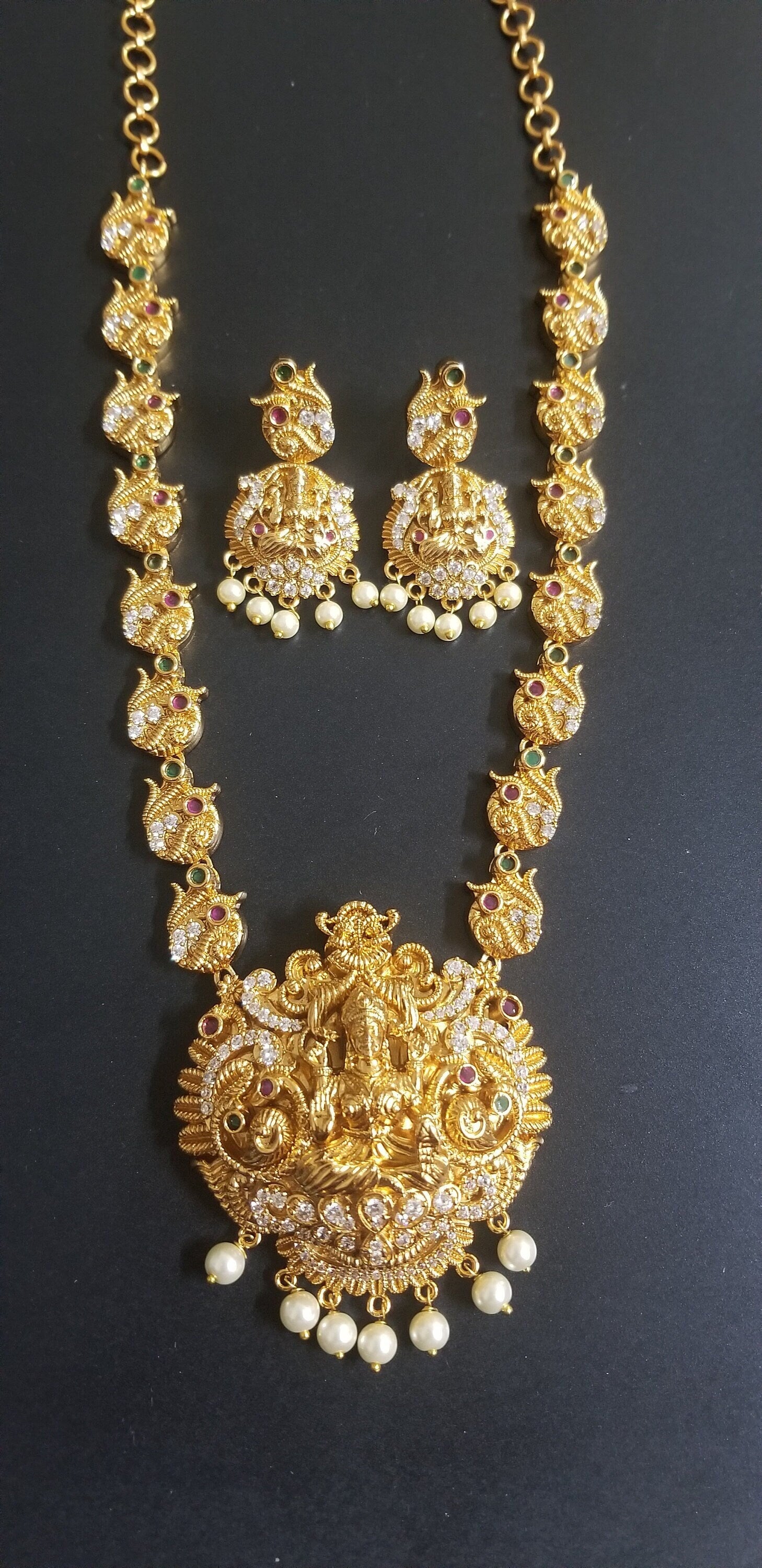 Premium Quality Lakshmi matte finish middle Haram with Beautiful Earrings - Temple Jewelry