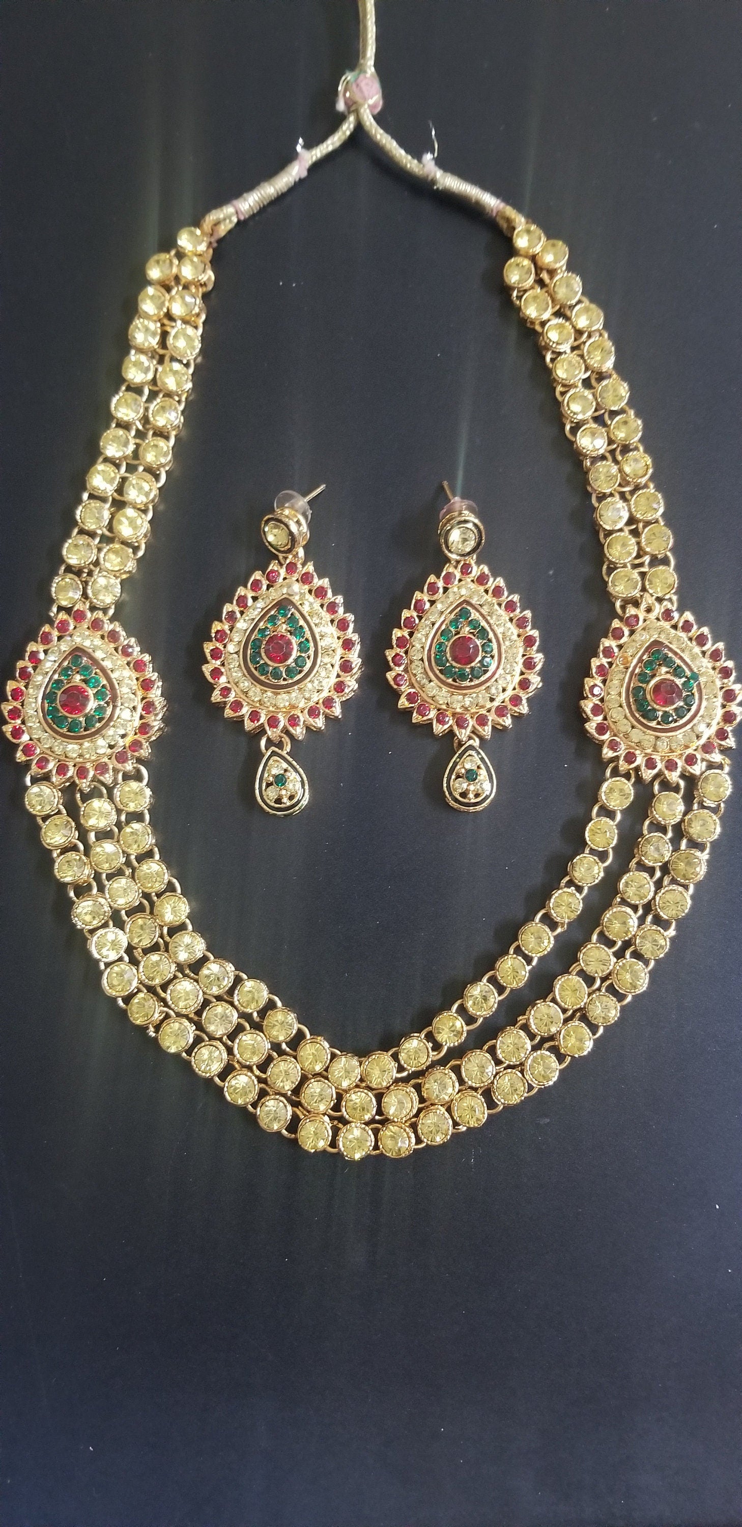 Gold Finish Yellow Stone three layer mogappu chain with matching big Earrings