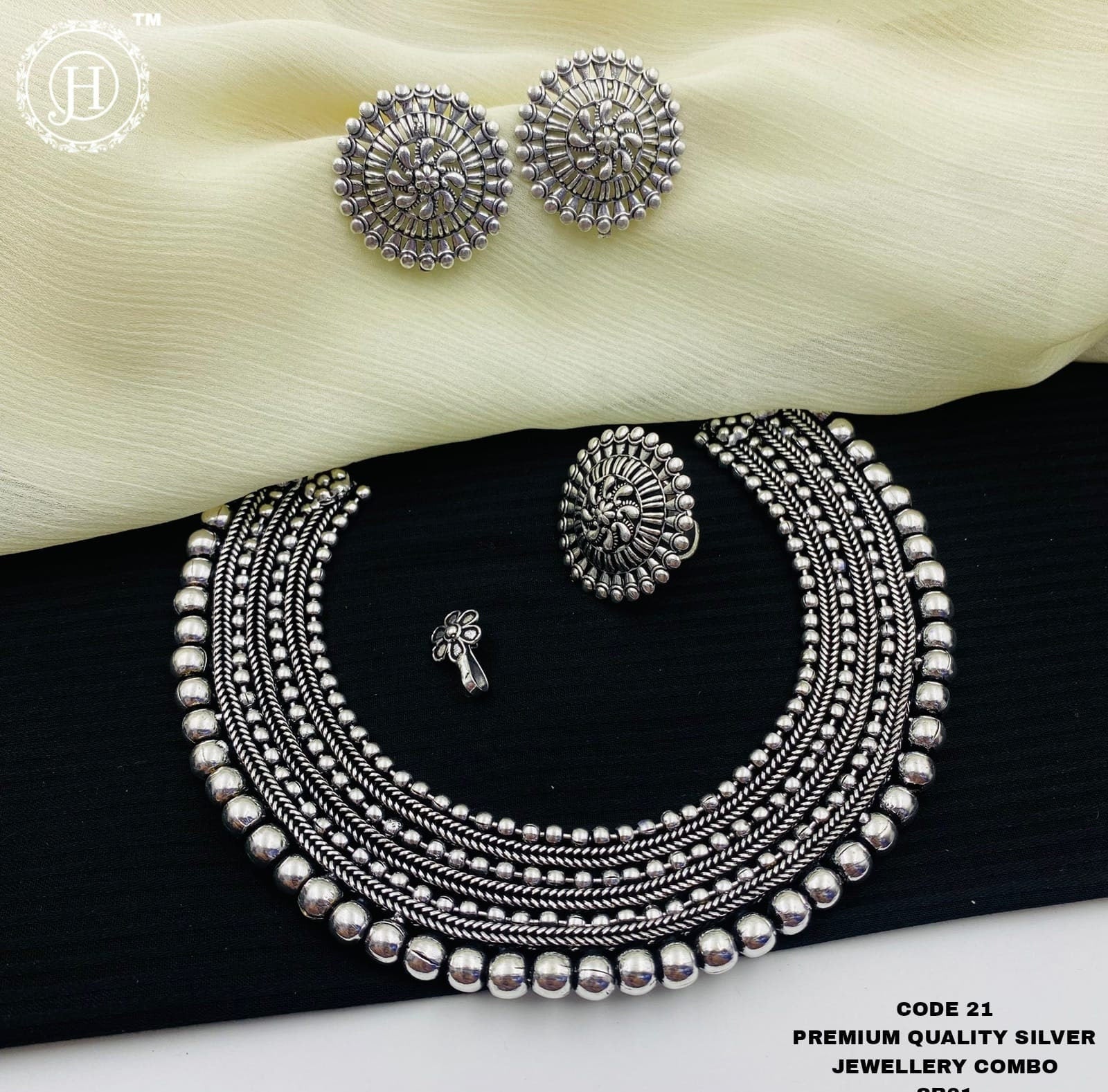 Premium quality partywear  Oxidized silver Necklace, Earrings, Finger Ring and Nose pin