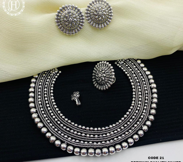 Premium quality partywear  Oxidized silver Necklace, Earrings, Finger Ring and Nose pin