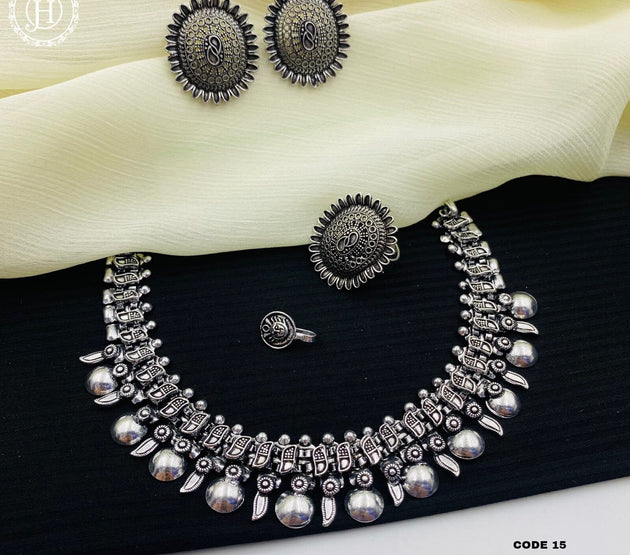 Premium quality partywear  Oxidized silver Necklace, Earrings, Finger Ring and Nose pin